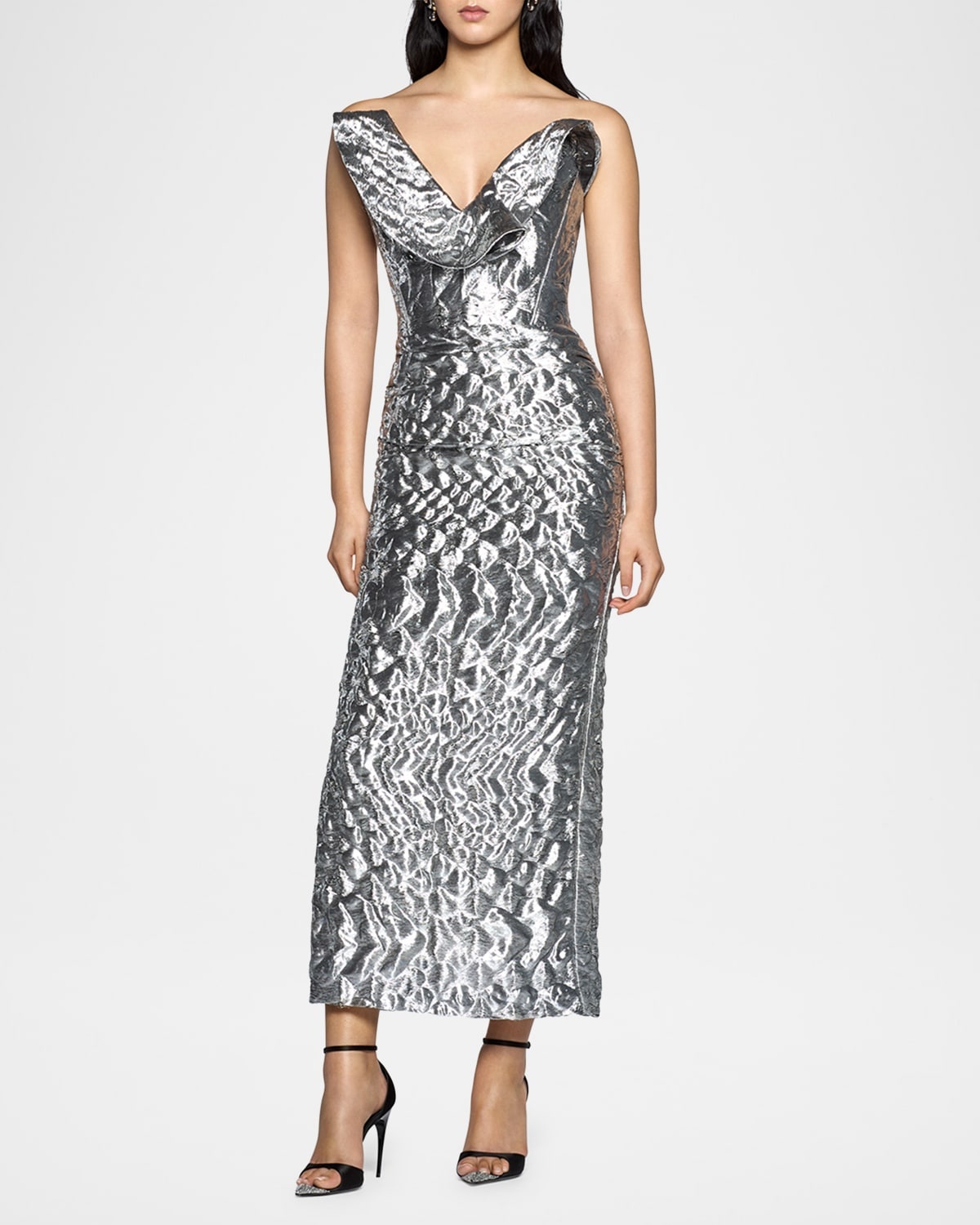 Requiem Strapless Ruffle Metallic Midi Dress - 1