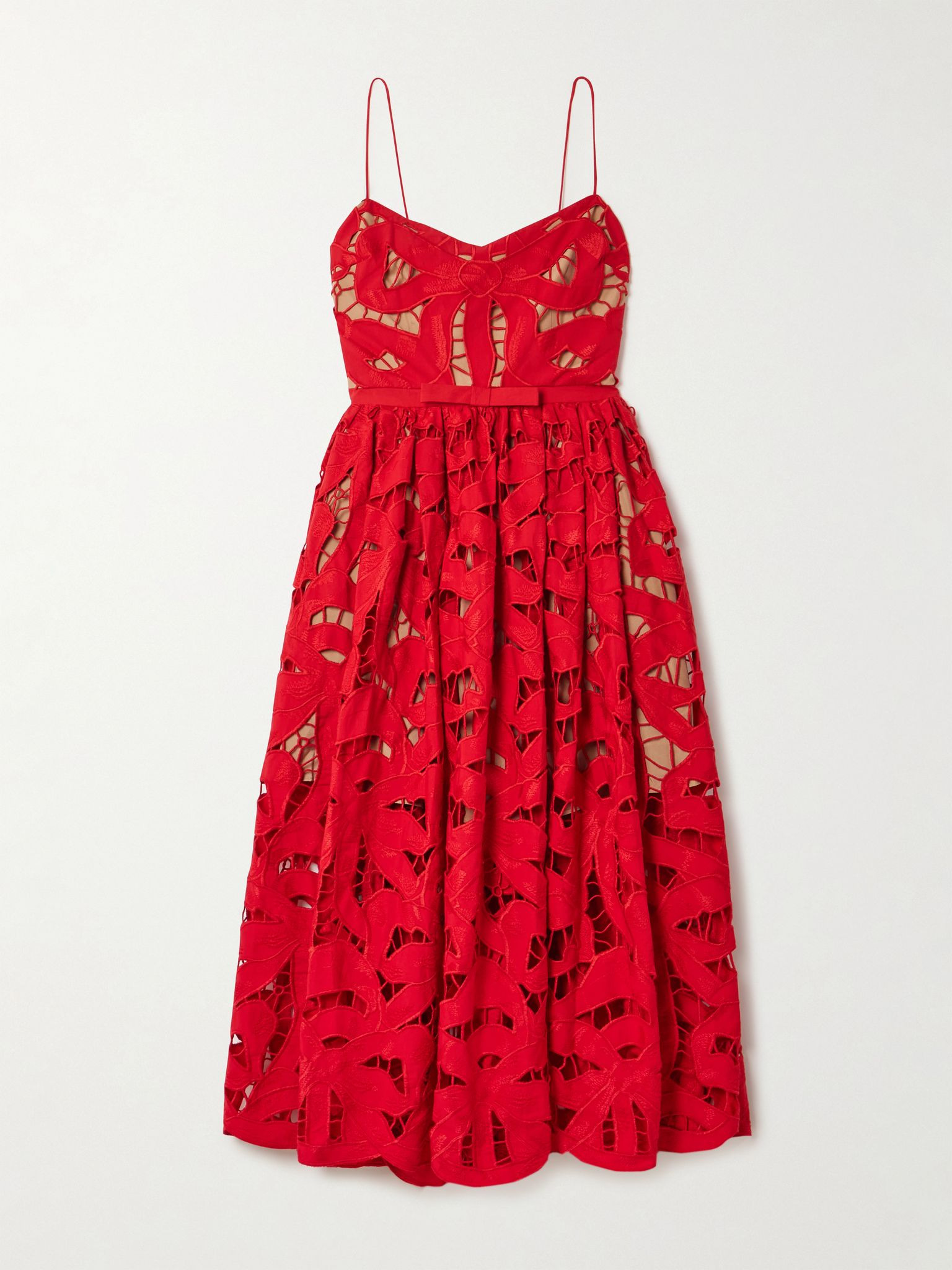 Bow-detailed cotton-guipure lace midi dress Red - 1