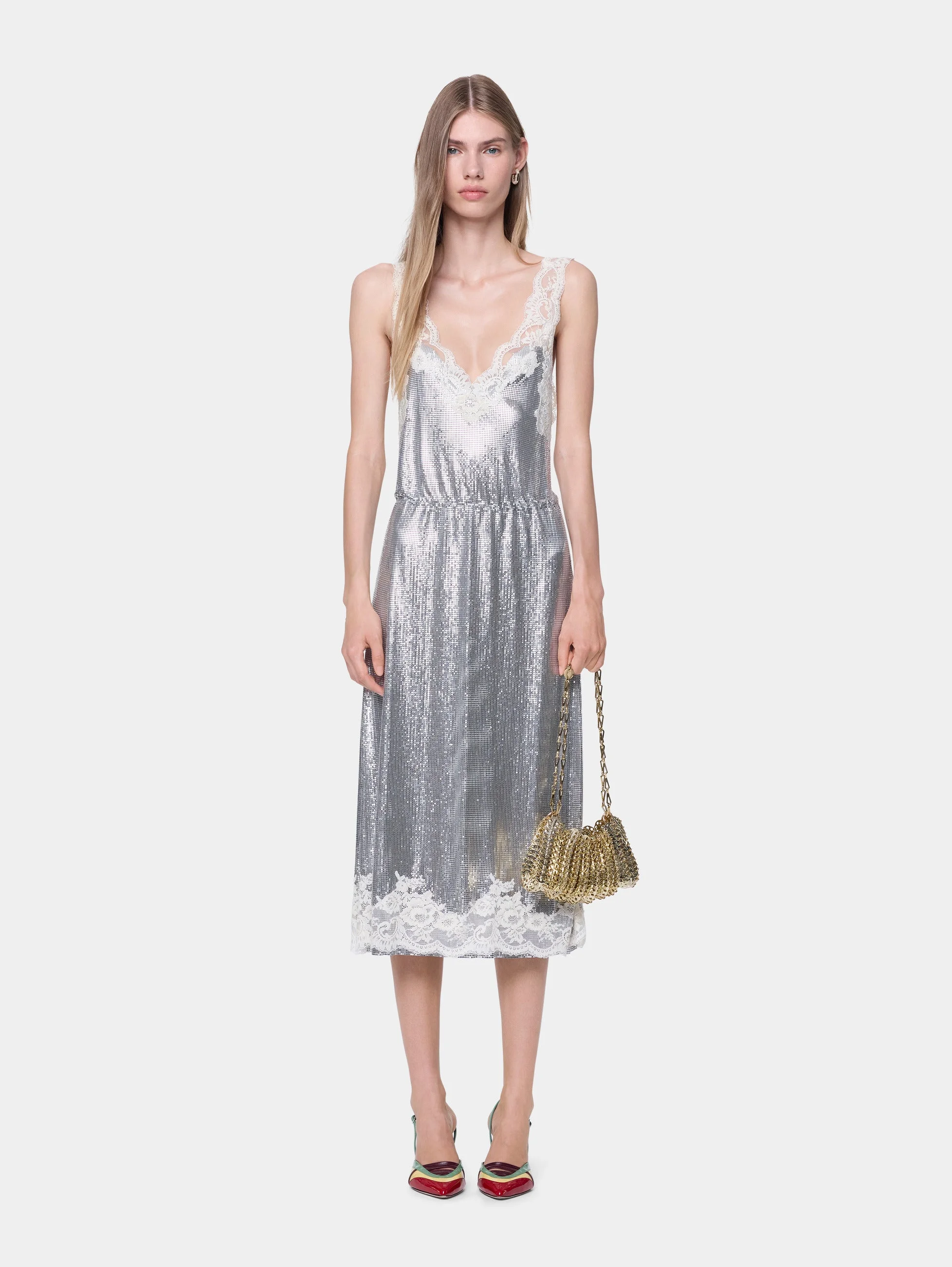 HAND ASSEMBLED MIDI DRESS IN SILVER MESH AND IVORY LACE - 1