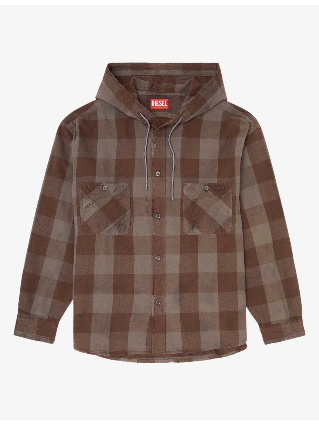 Distressed Check-Flannel Cotton Hooded Shirt - 1