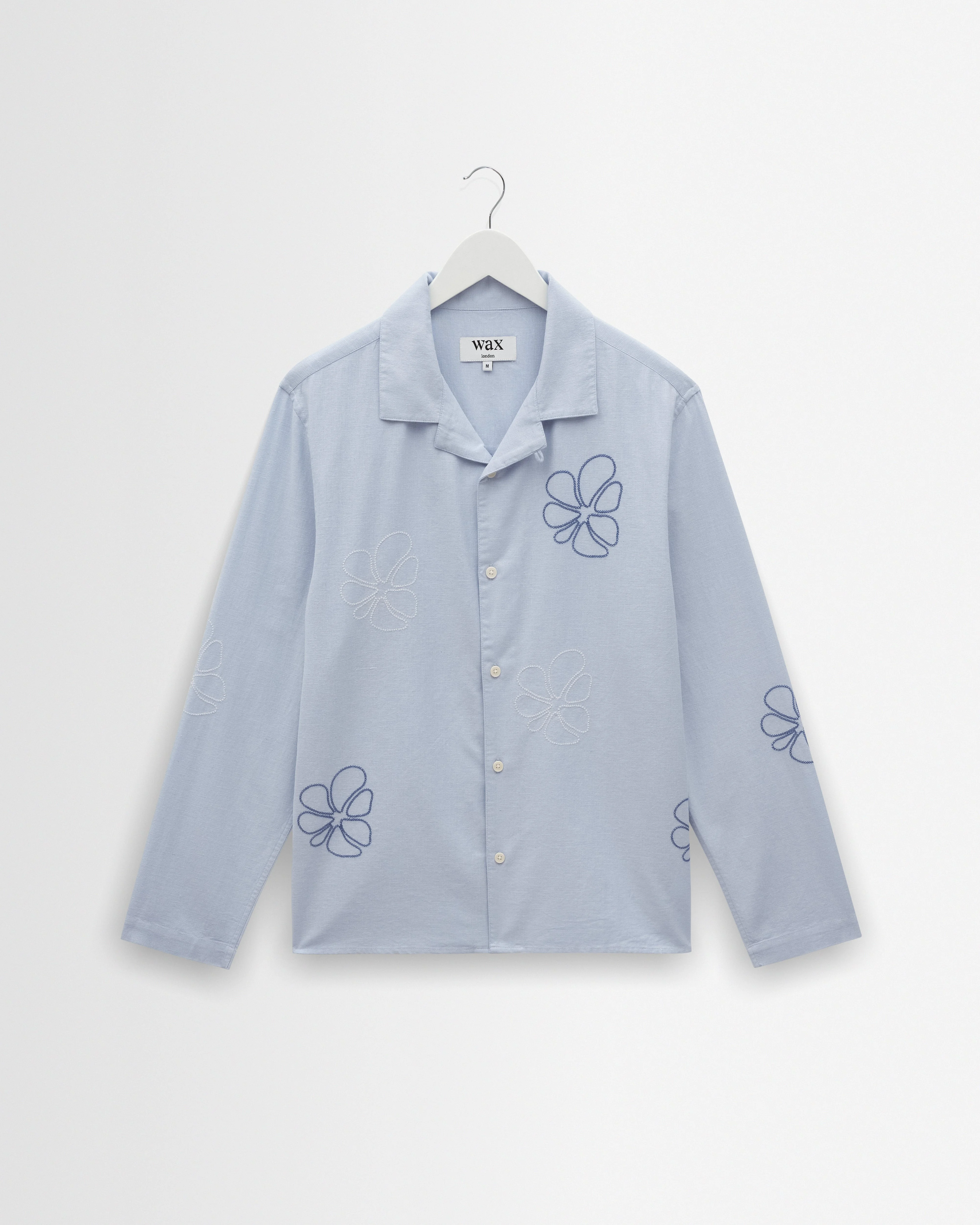 Corey - Blue Cross Stitch Doodle Cotton-Linen Shirt - 1