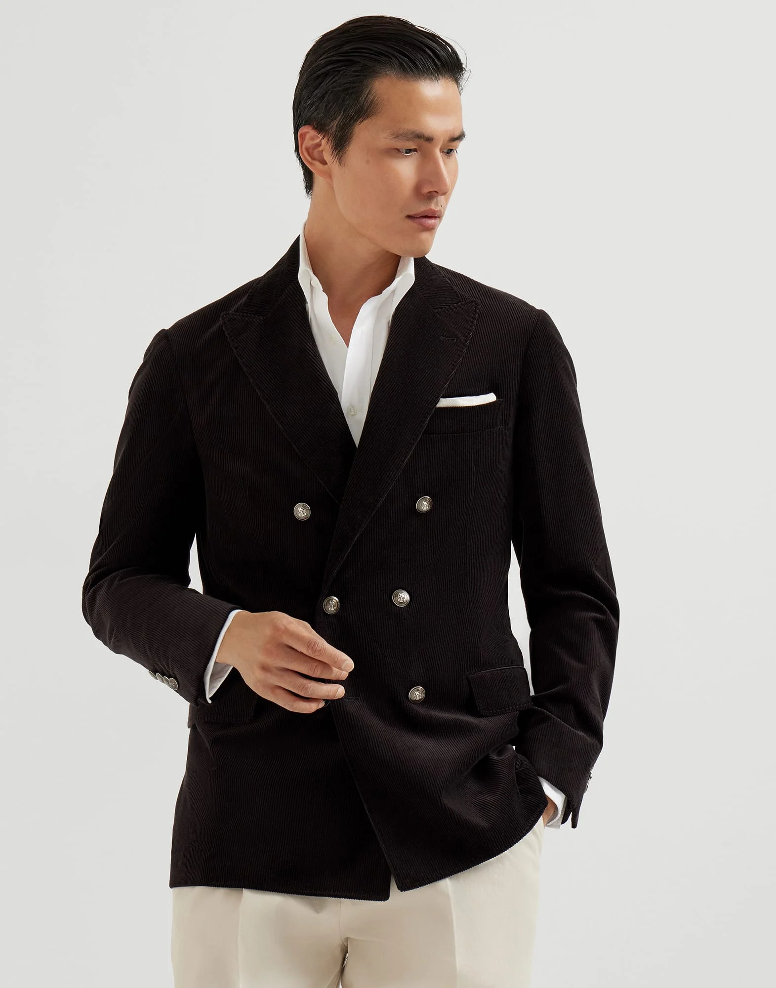 Comfort cotton and cashmere corduroy one-and-a-half breasted deconstructed blazer with metal buttons - 1