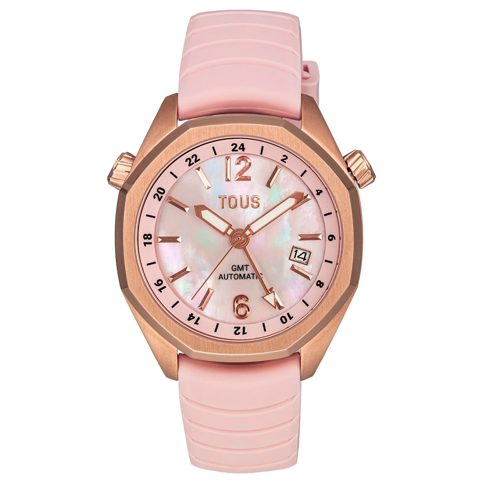 gmt automatic Watch with pink silicone strap, rose-colored IPRG steel case and mother-of-pearl face - 1