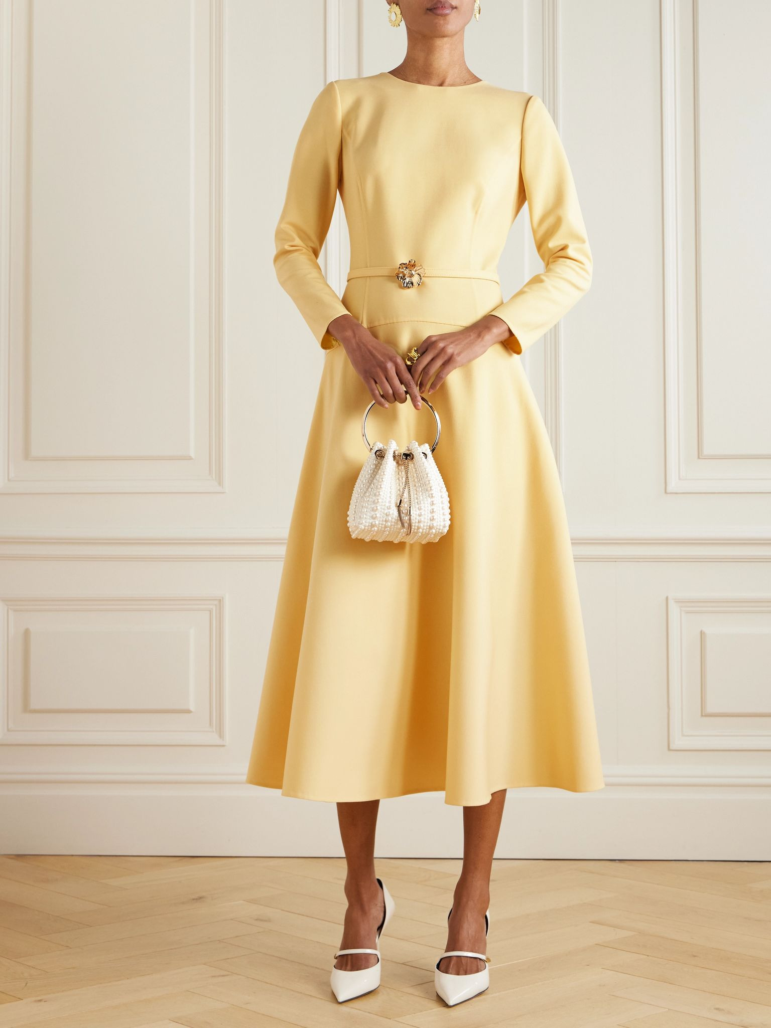 Belted wool-blend midi dress Yellow - 2