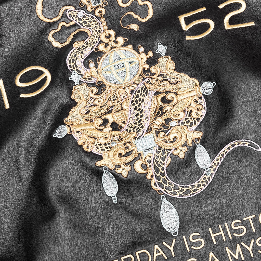NAPPA LEATHER VARSITY JACKET WITH CHANDELIER AND SNAKE EMBROIDERIES - BLACK/WHITE - 4
