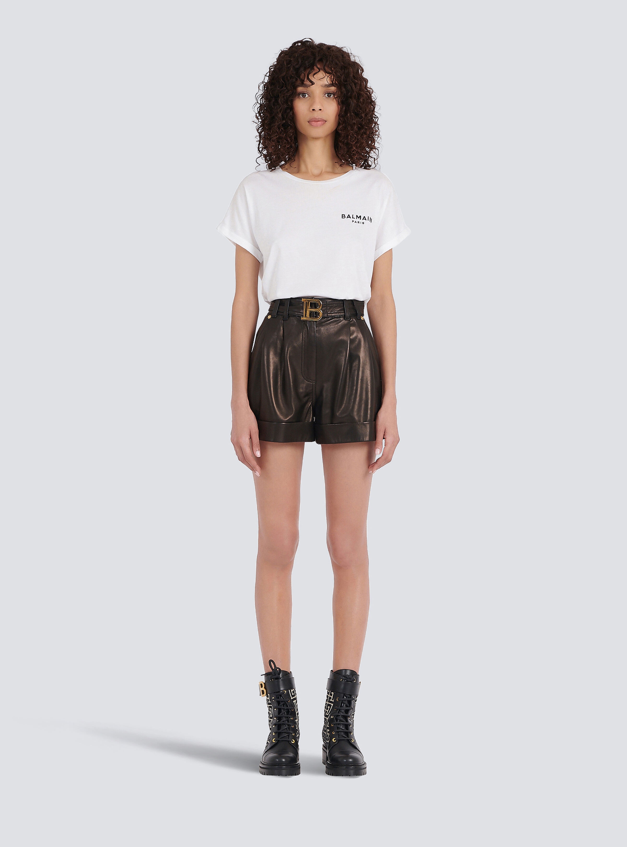 High-waisted leather shorts with Balmain buckle - 3