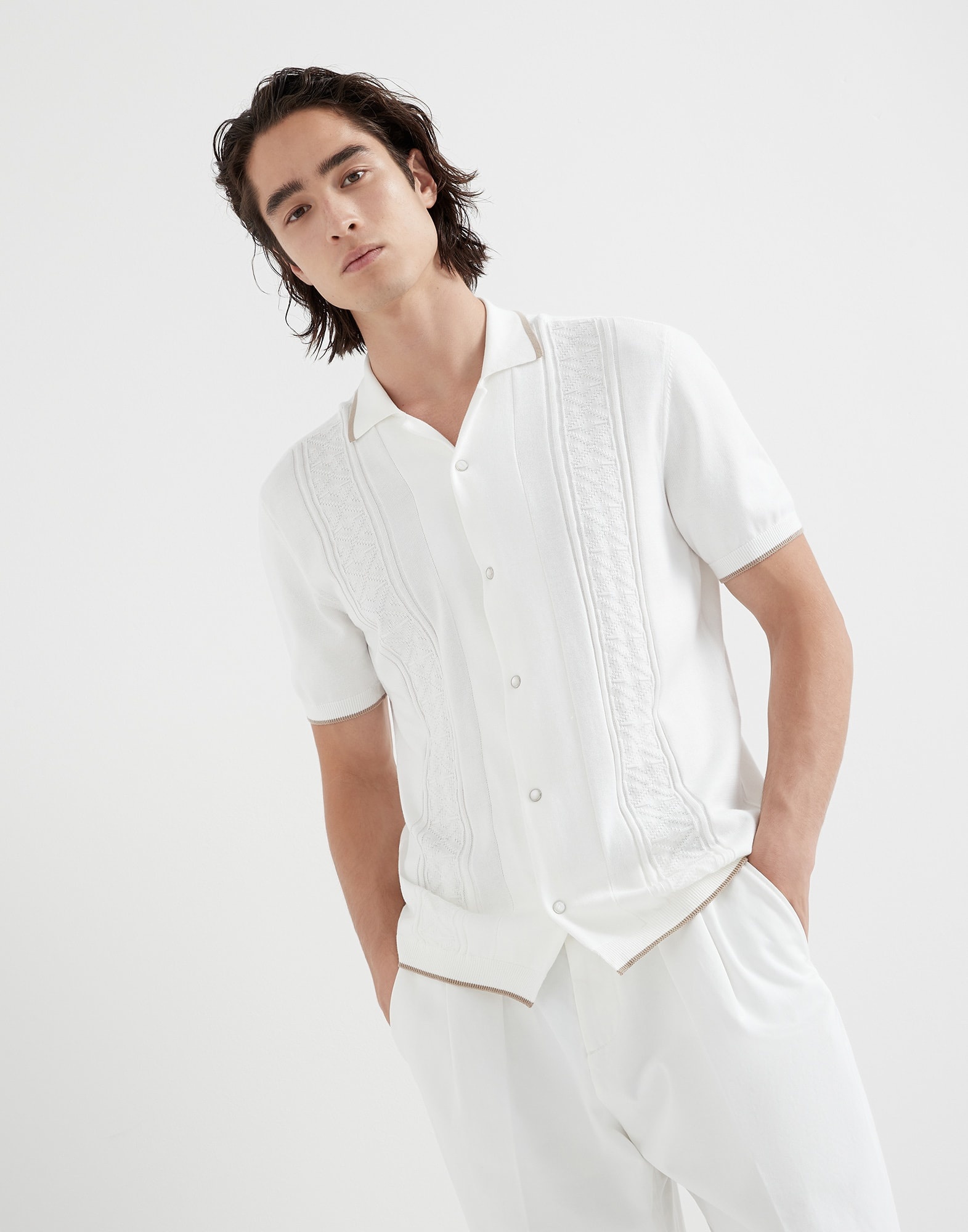 Cotton jacquard rib short sleeve knit shirt - 1