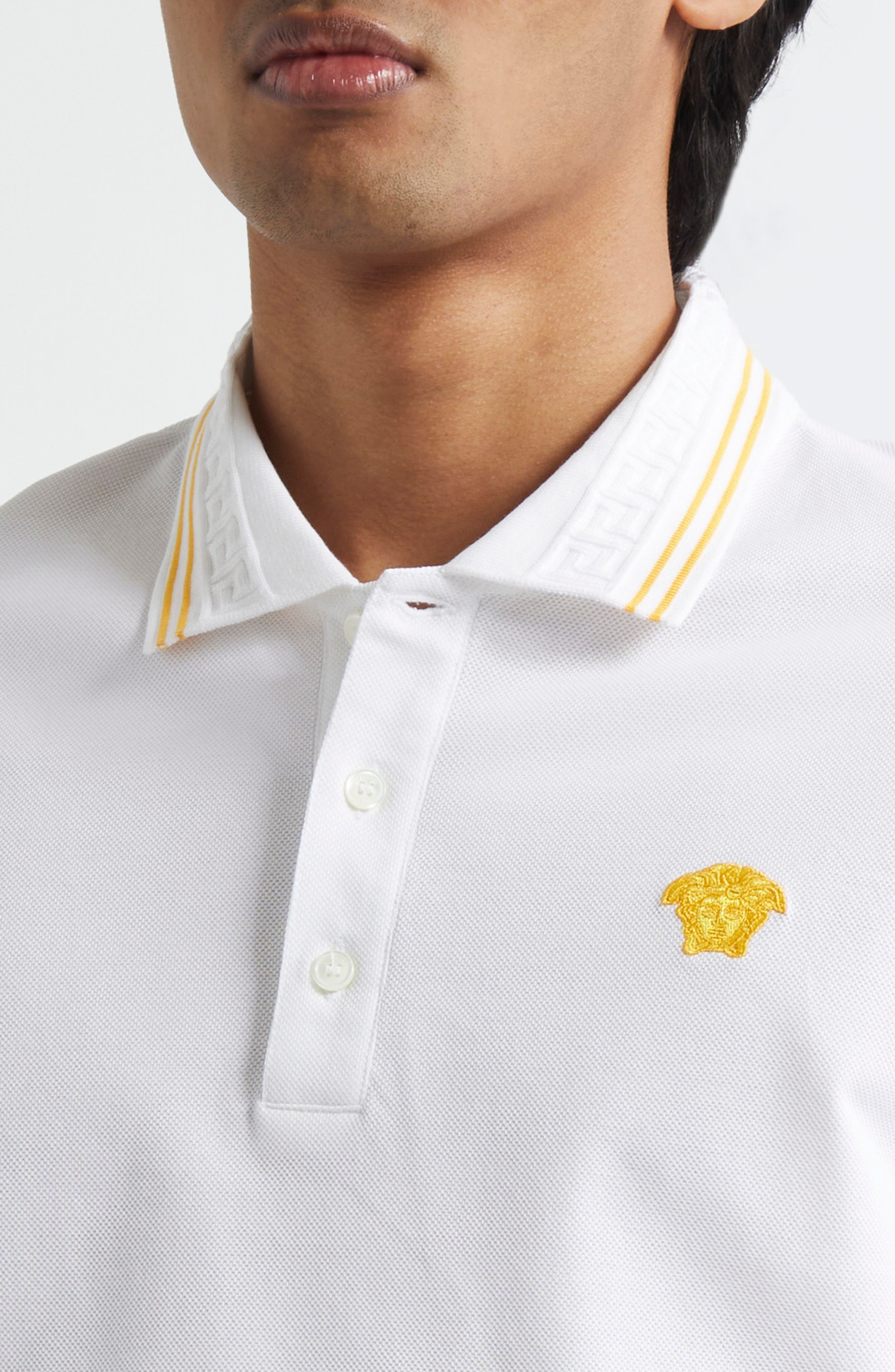 Versace Tipped Embroidered Medusa Cotton Piqué Polo in Optical White at Nordstrom - 5