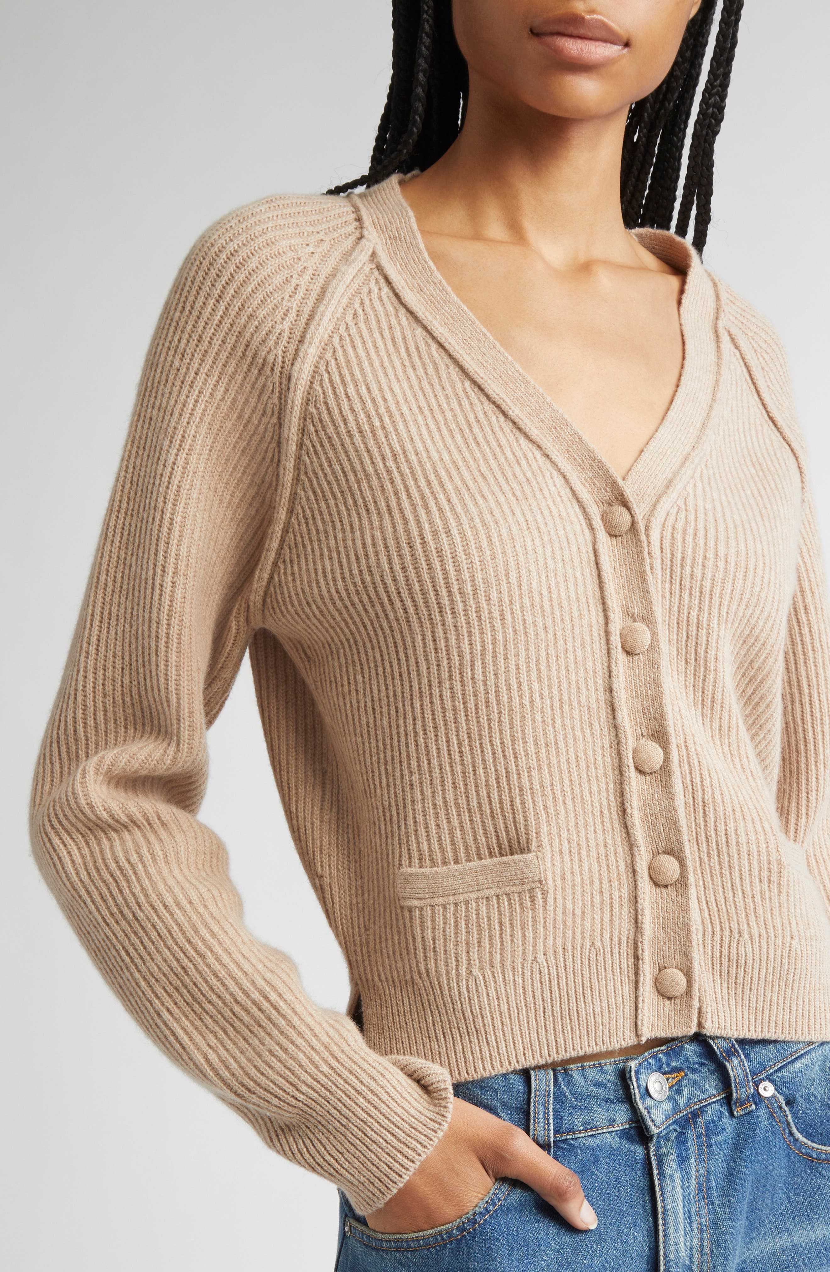 Victoria Beckham Wool & Cashmere Rib Cardigan in Sand at Nordstrom - 4