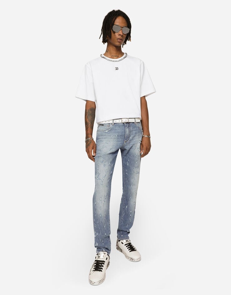 Slim-fit blue wash stretch jeans with abrasions - 5