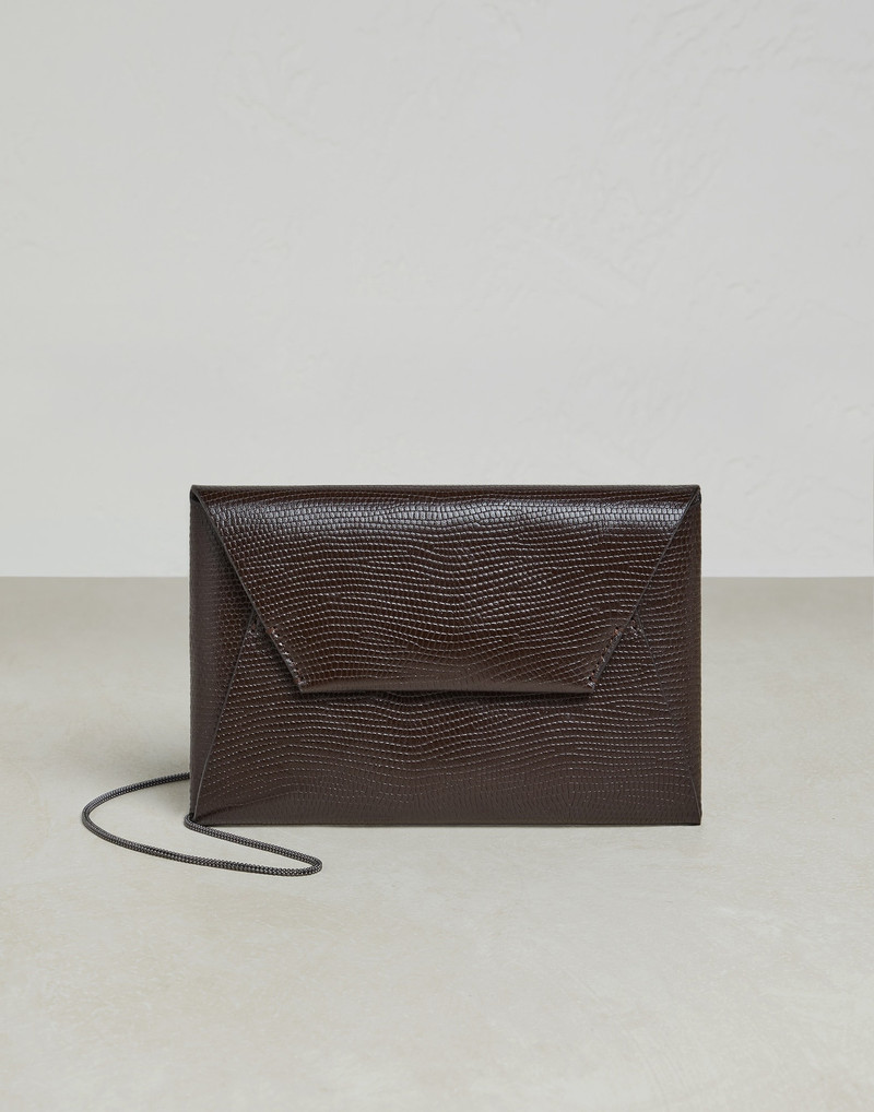 Lizard print leather envelope bag with precious chain 1