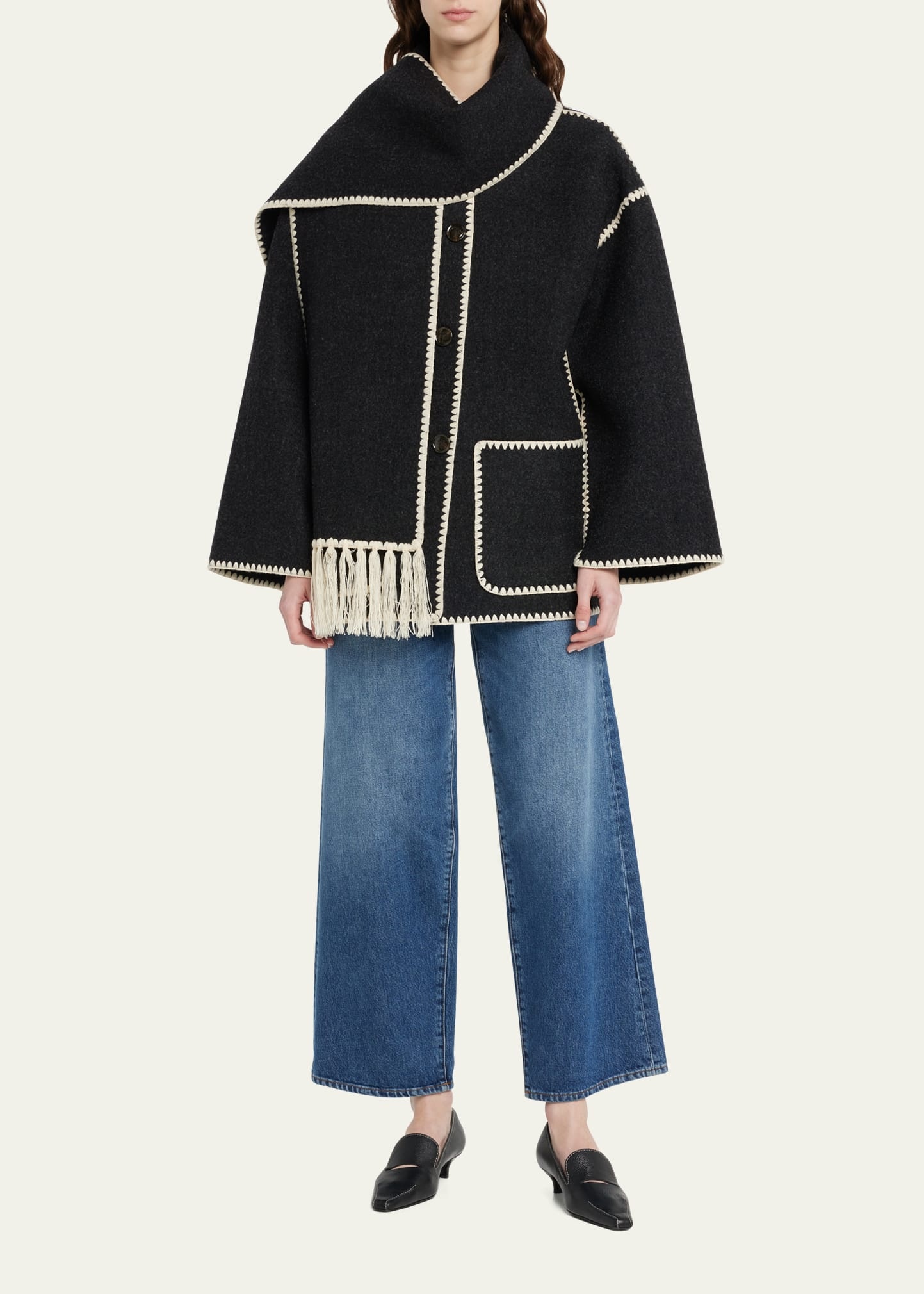 Embroidered Fringe Contrast-Trim Scarf Wool Jacket - 2