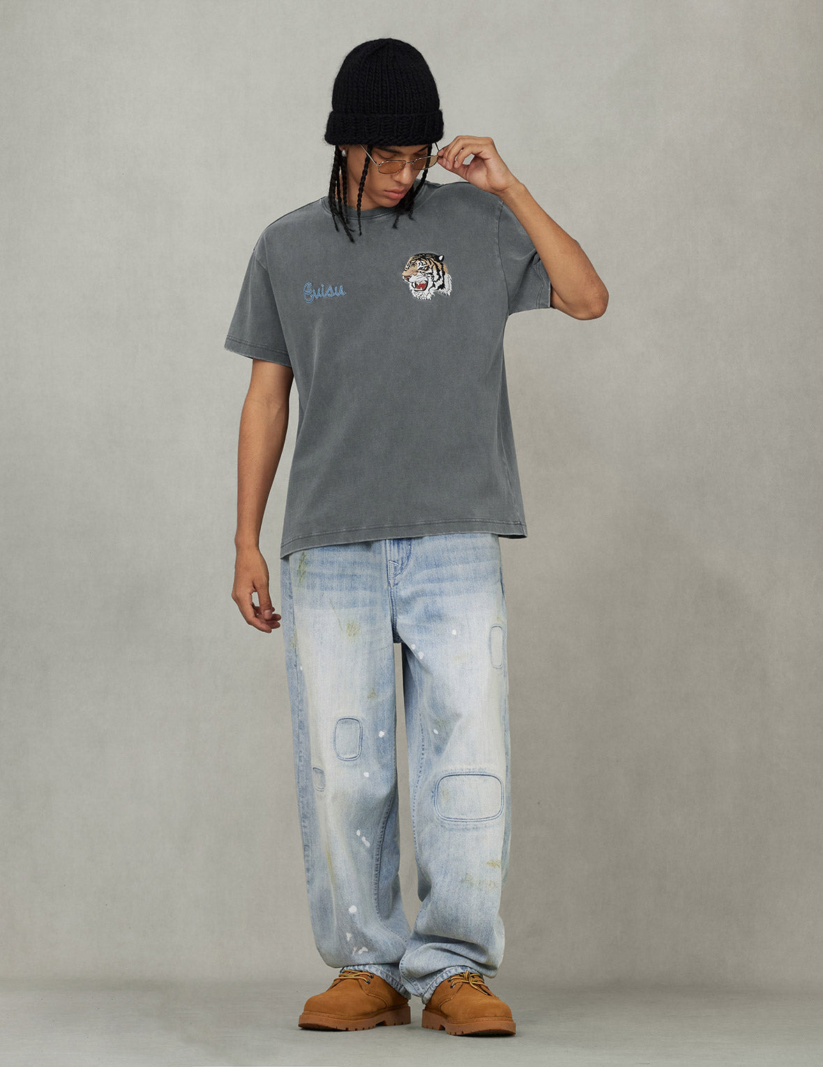 Washed Patchwork and Seagull Print Loose Fit Denim Jeans - 7