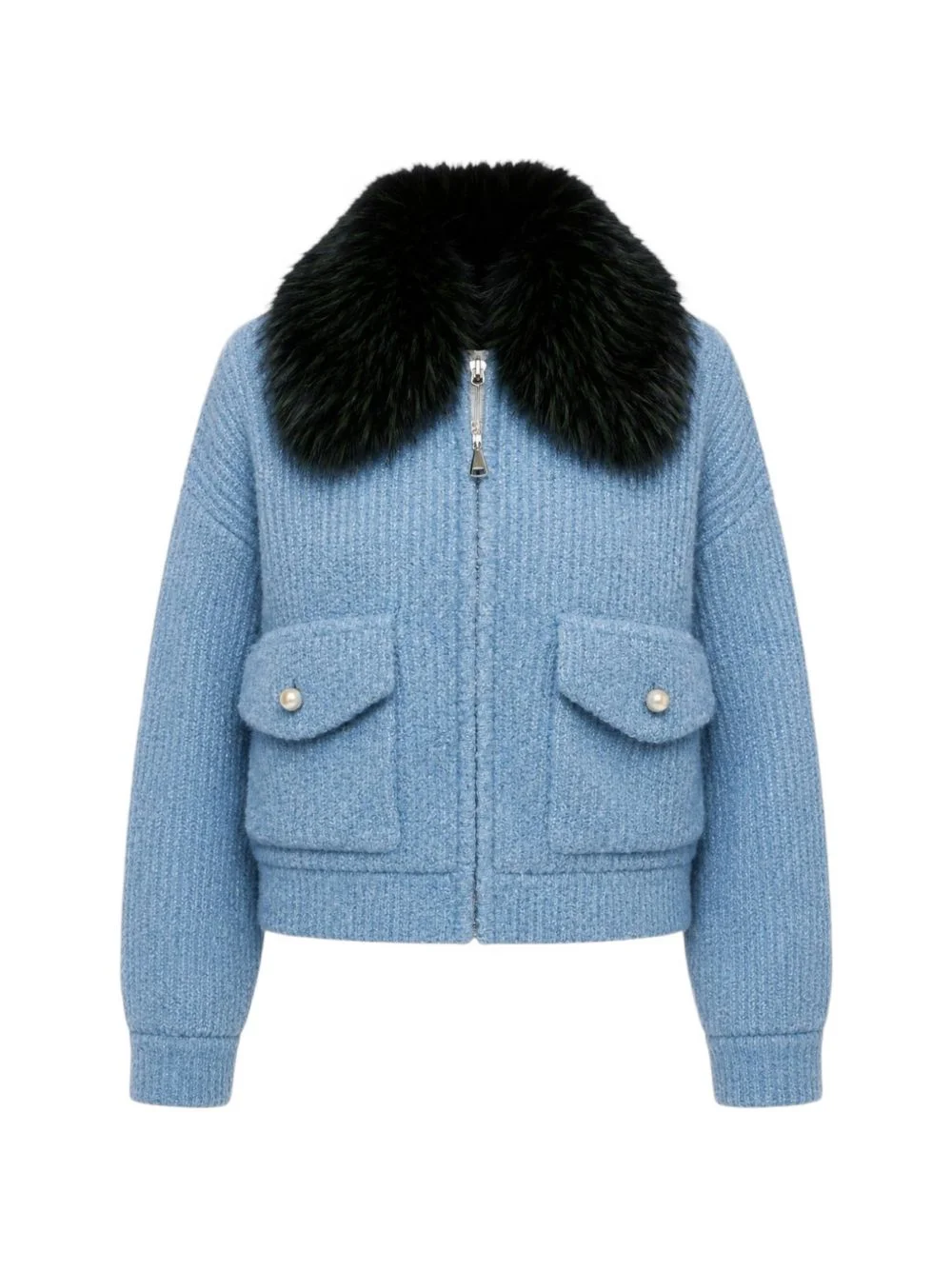 faux-fur collar ribbed-knit jacket - 1
