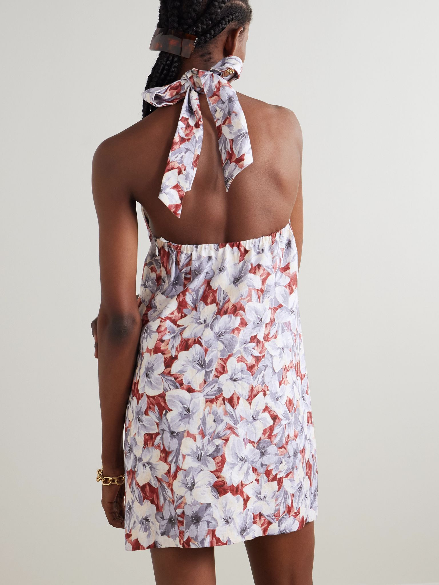 Luna pleated floral-print linen halterneck mini dress Multi - 3