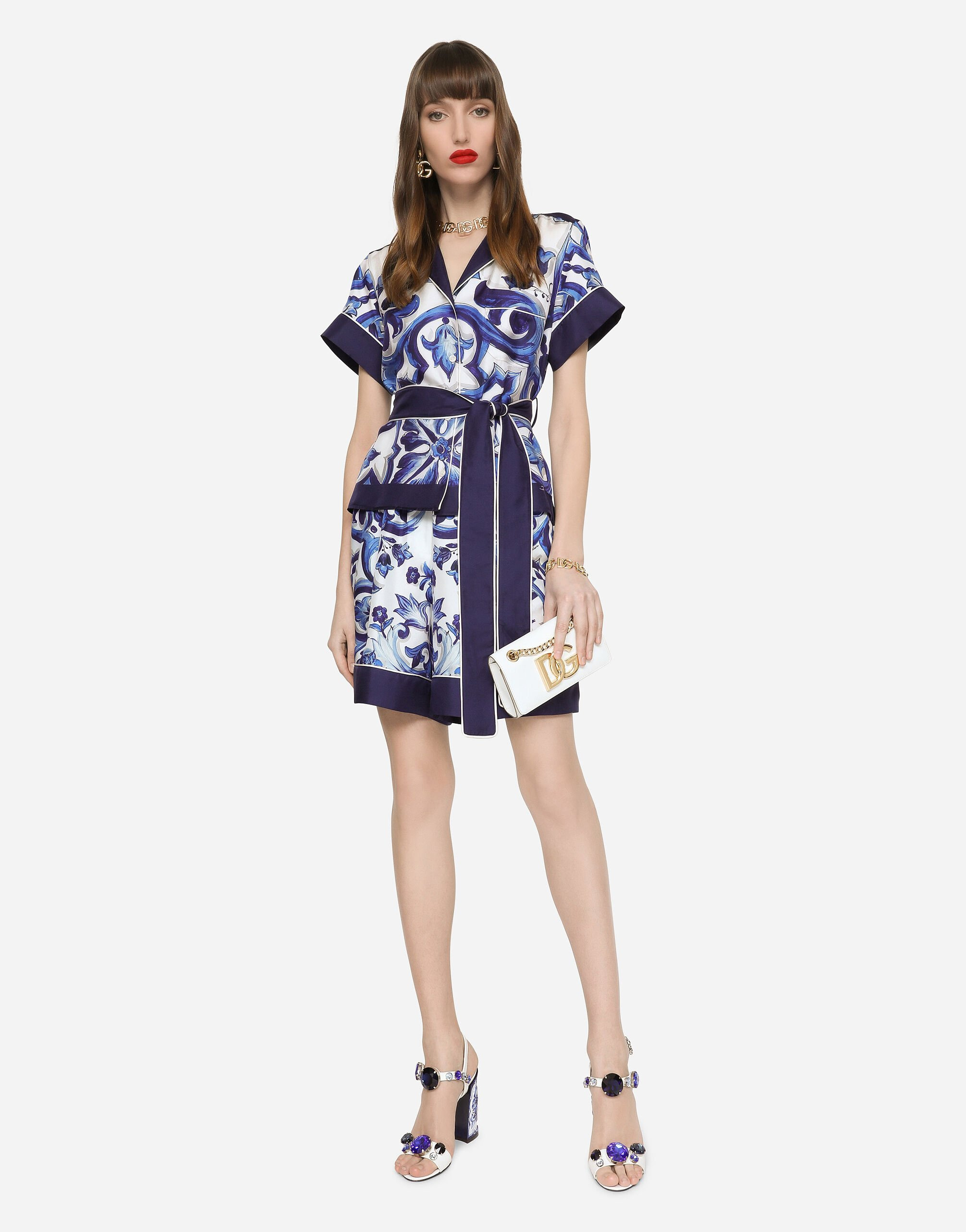 Majolica-print twill shirt with belt - 2