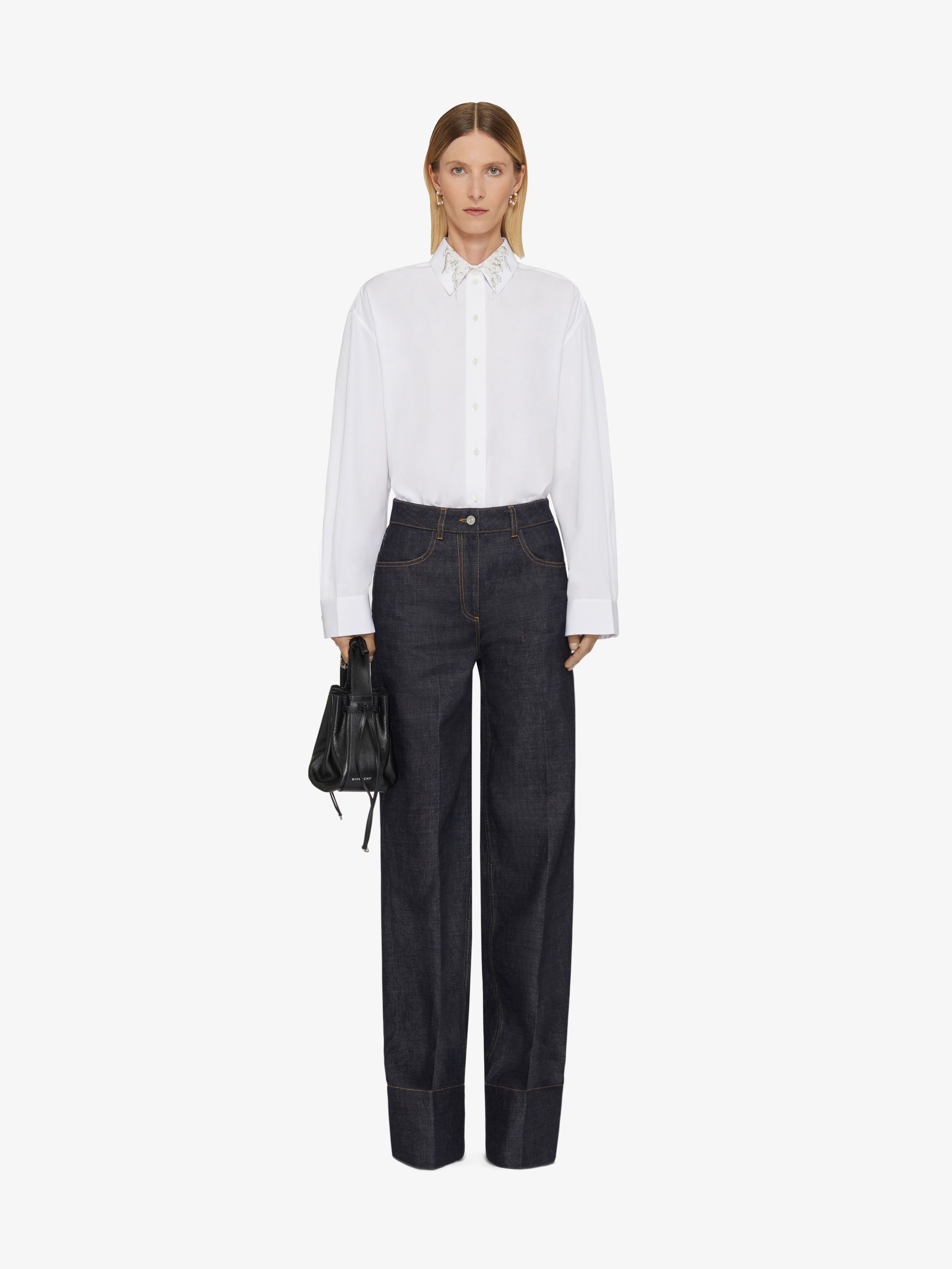 OVERSIZED SHIRT IN COTTON WITH CRYSTALS AND PEARLS - 2