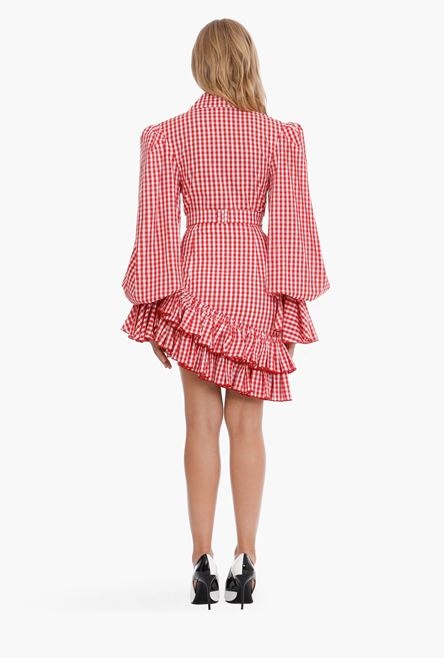 Short red and white gingham print asymmetrical high-waisted skirt - 3