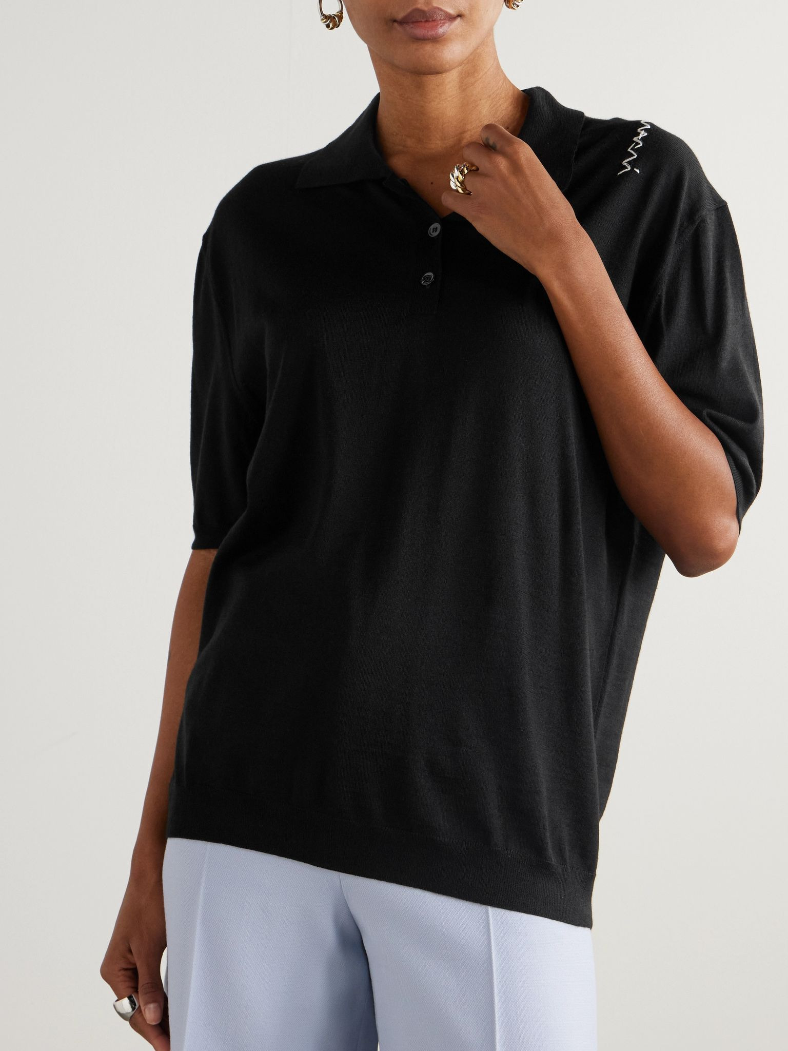 Embroidered wool and silk-blend polo Black - 3