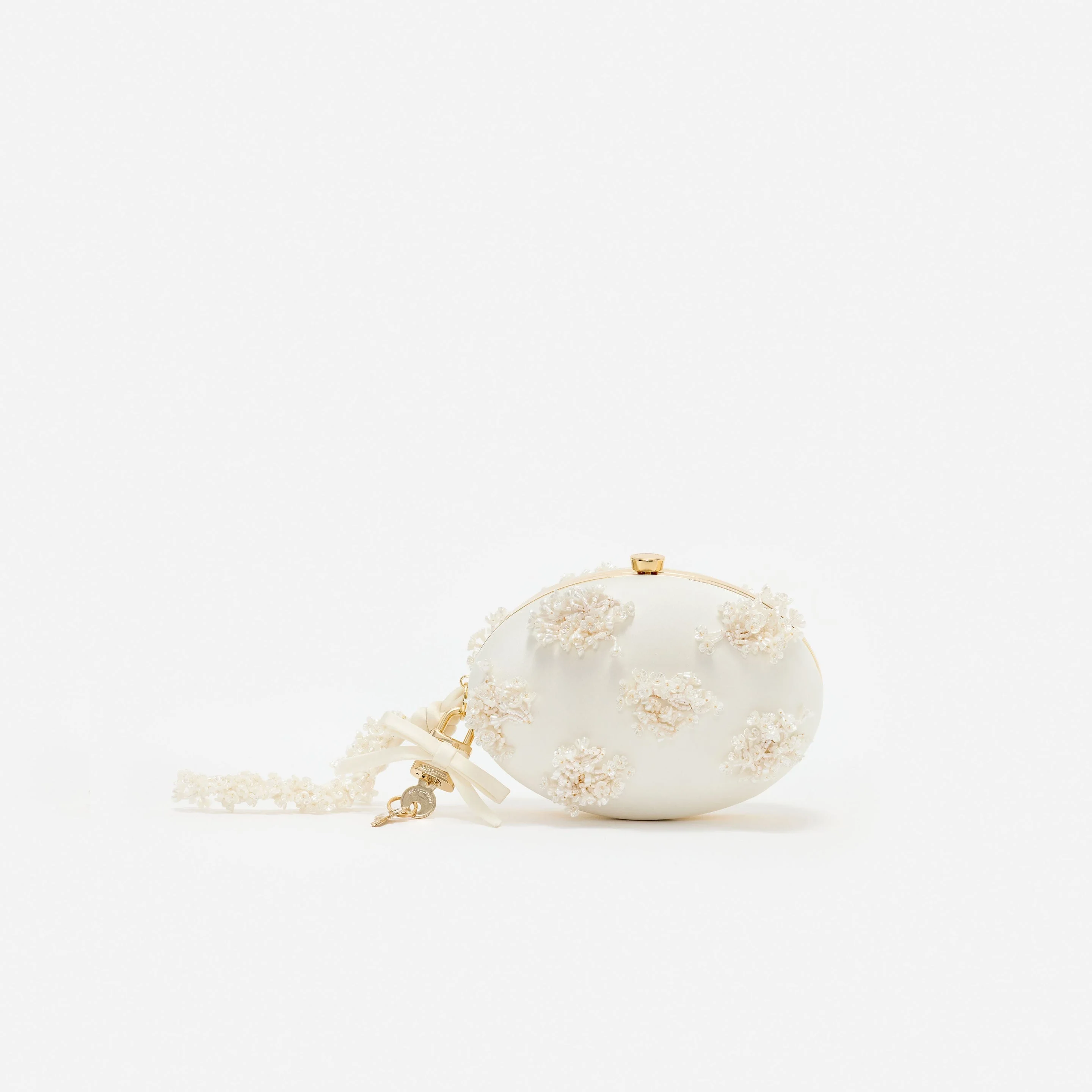 Cream Satin Floral Beaded Oval Clutch - 1