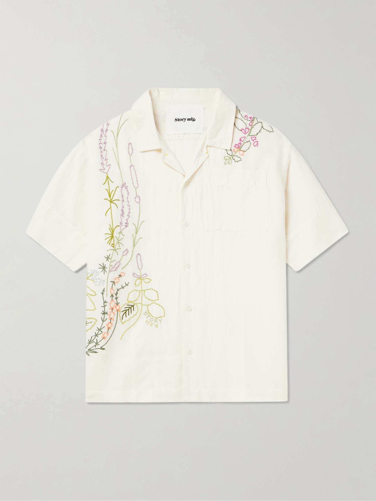 Greetings Camp-Collar Embroidered Cotton and Linen-Blend Shirt - 1