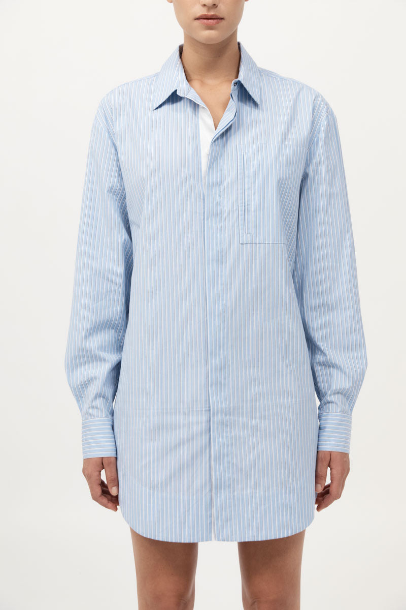 Drawstring Mini Shirt Dress - Pale Blue Stripe - 6