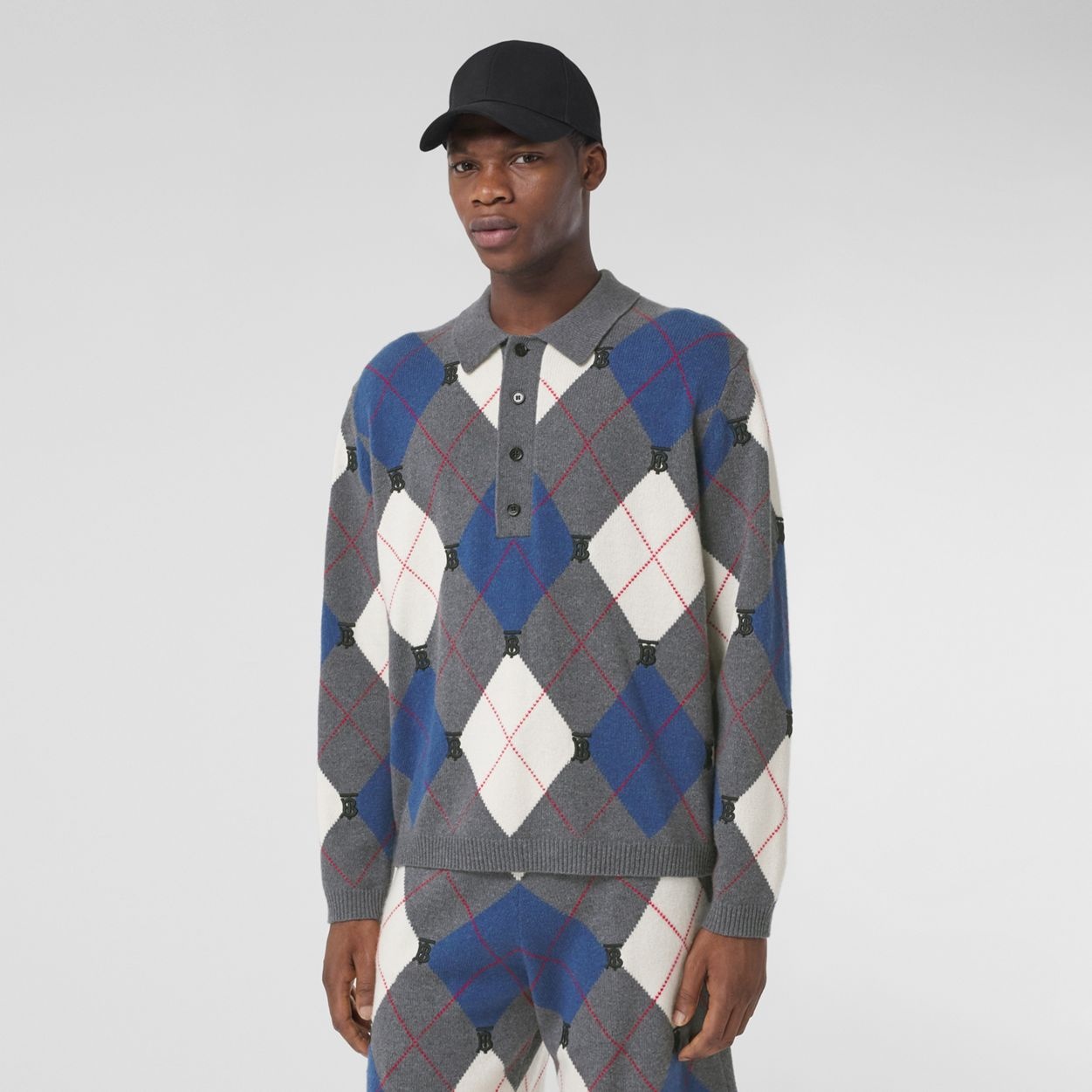 Long-sleeve Argyle Intarsia Wool Cashmere Polo Shirt - 5