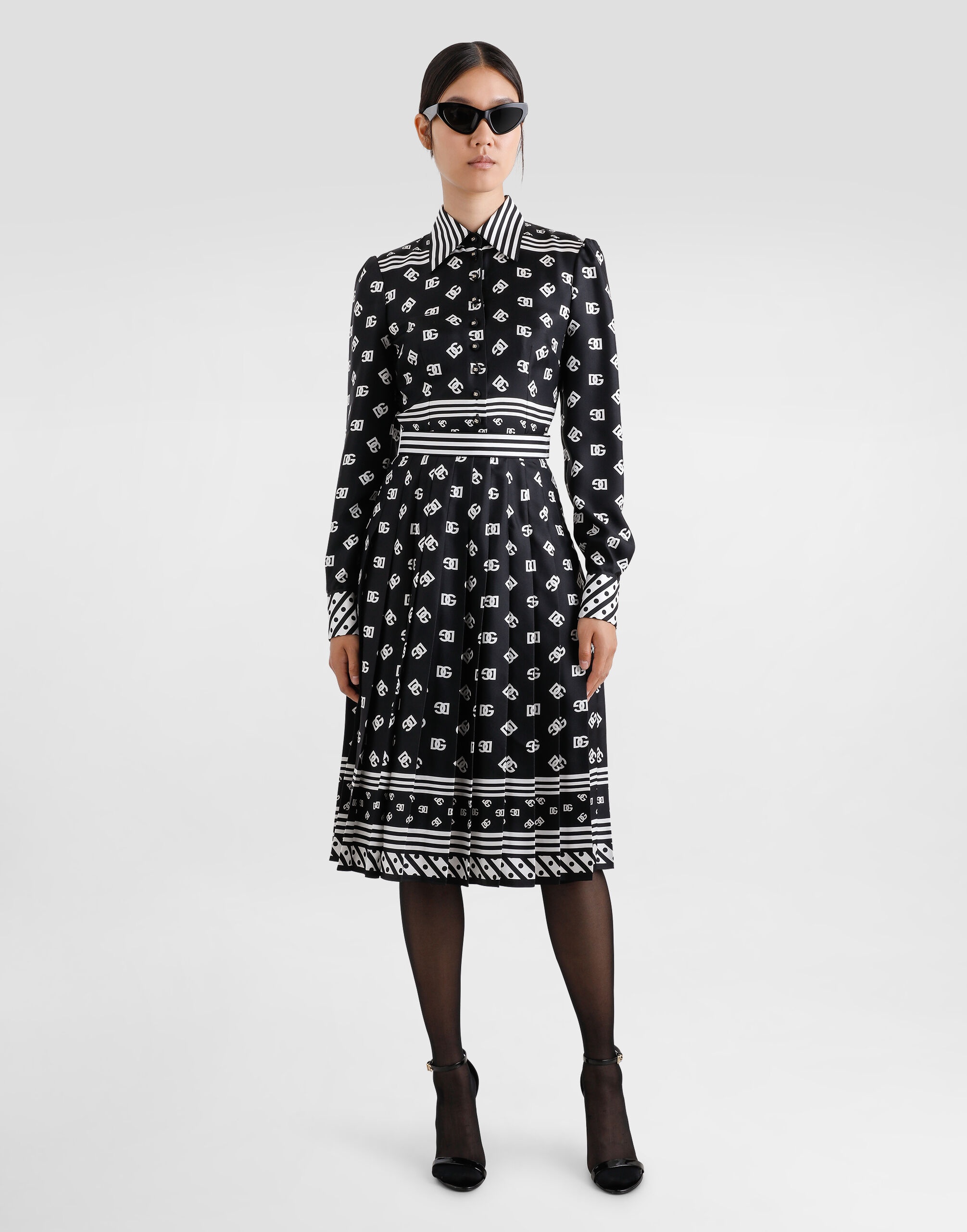 Twill calf-length shirt dress with all-over DG logo scarf print - 2