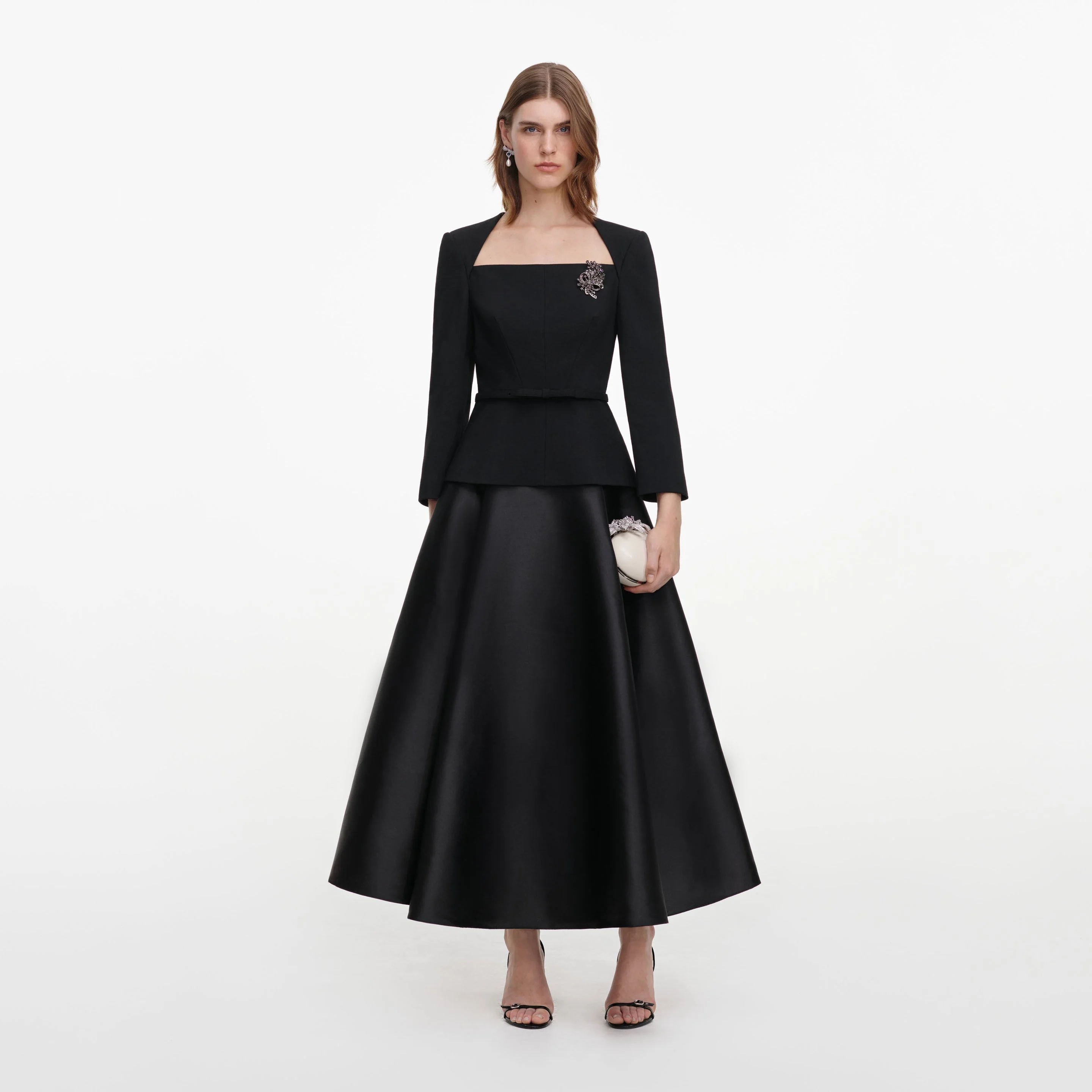 Black Taffeta Brooch Midi Dress - 1