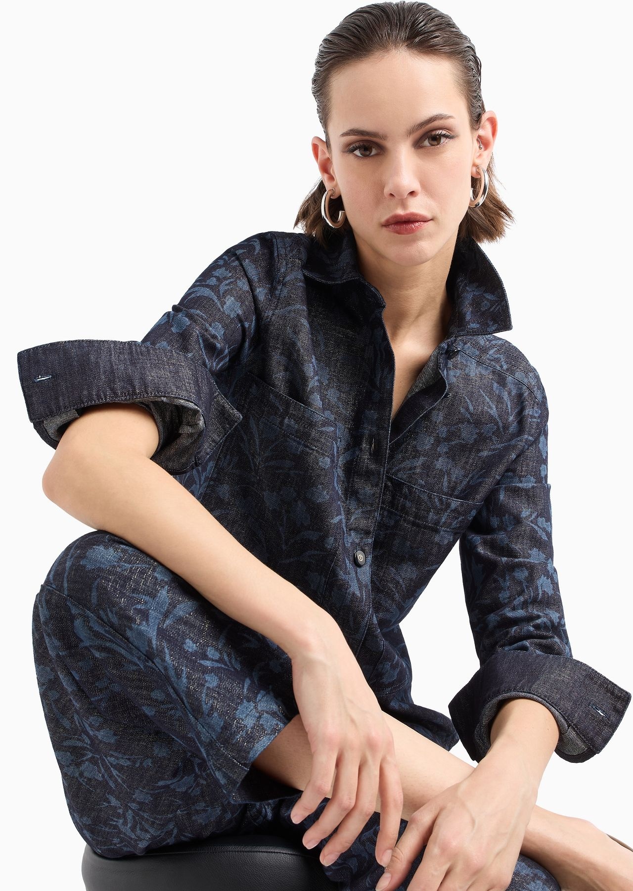 Denim Collection five-pocket wide leg trousers in cotton, viscose and lurex denim with floral motif - 7