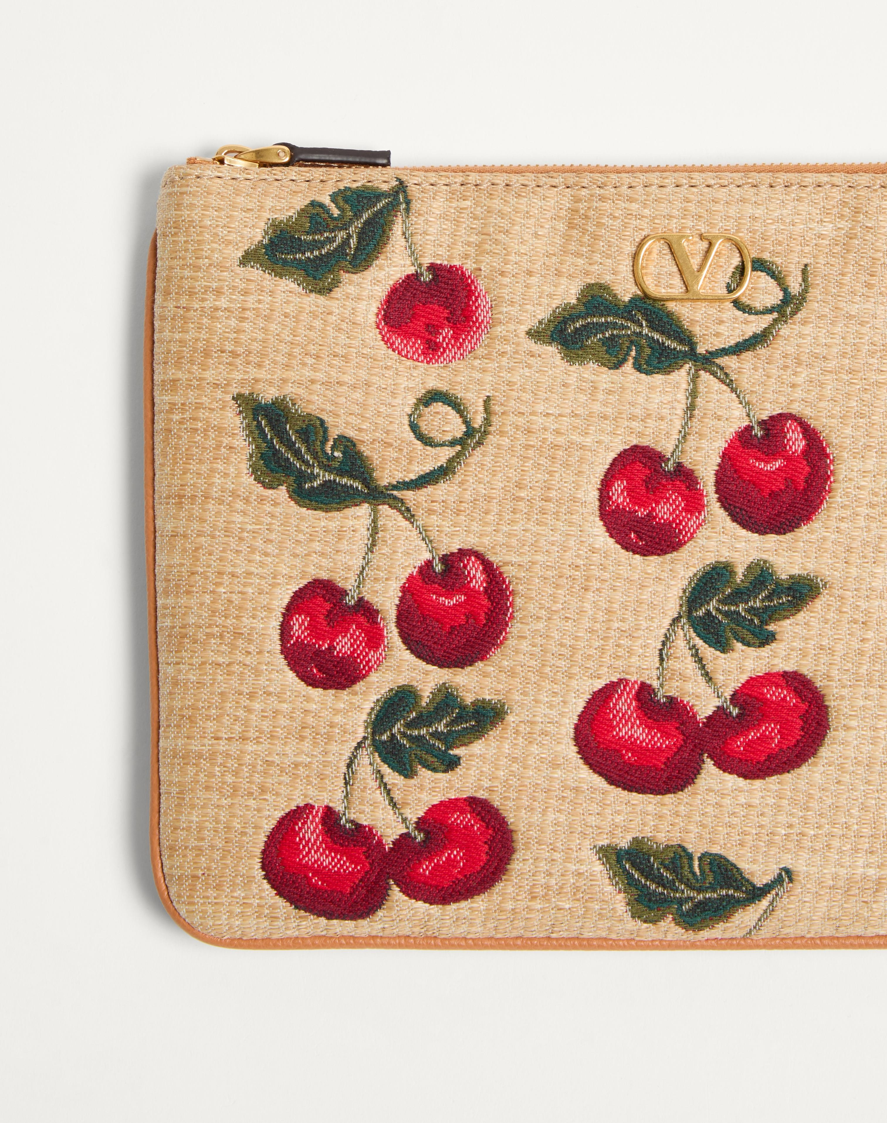 VLOGO SIGNATURE POUCH IN JACQUARD RAFFIA WITH CHERRY PATTERN - 7