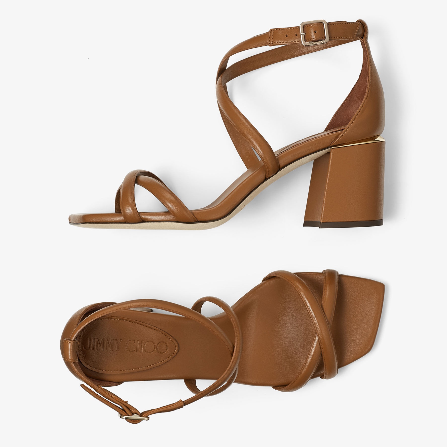 ロゴプレート★Jimmy Choo RHEEA65 レザーストラップサンダルTAN ロゴプレート☆Jimmy Choo RHEEA65 レザーストラップサンダルTAN
