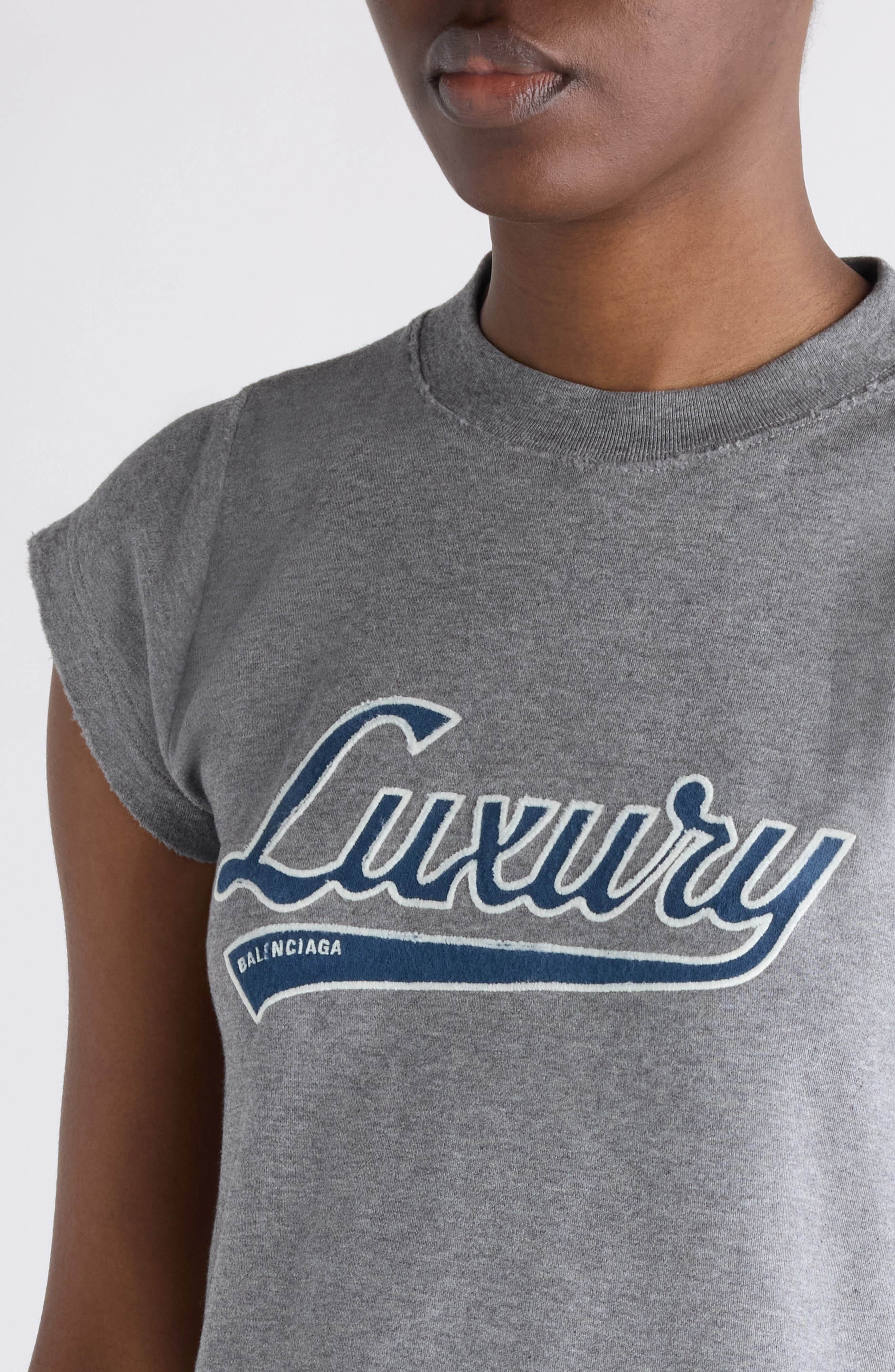 Balenciaga Luxury Script Appliqué Shrunken Cotton T-Shirt in Dark Heathr Grey/Blue at Nordstrom - 5