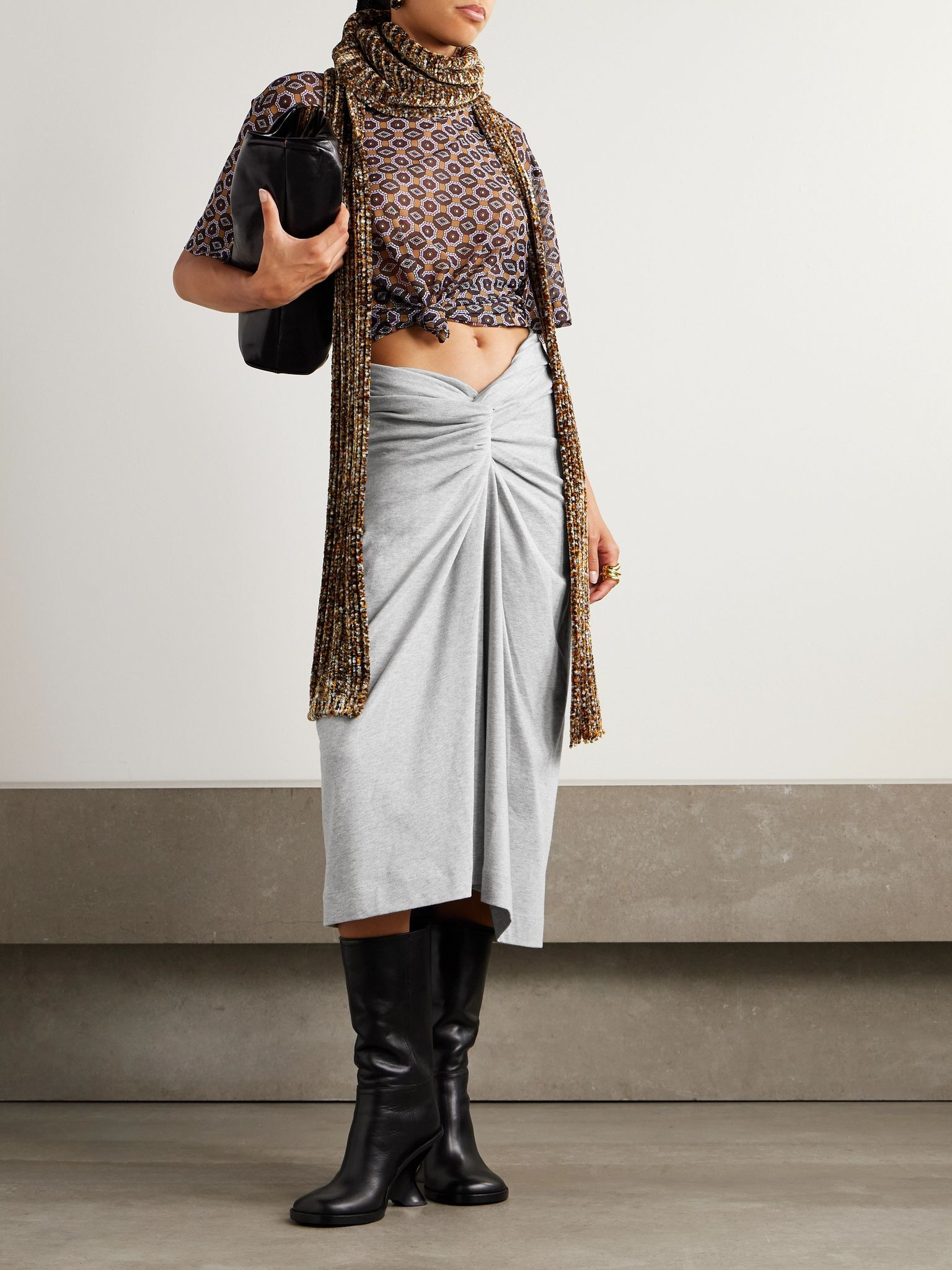 Twist-front cotton-jersey midi skirt Light gray - 2