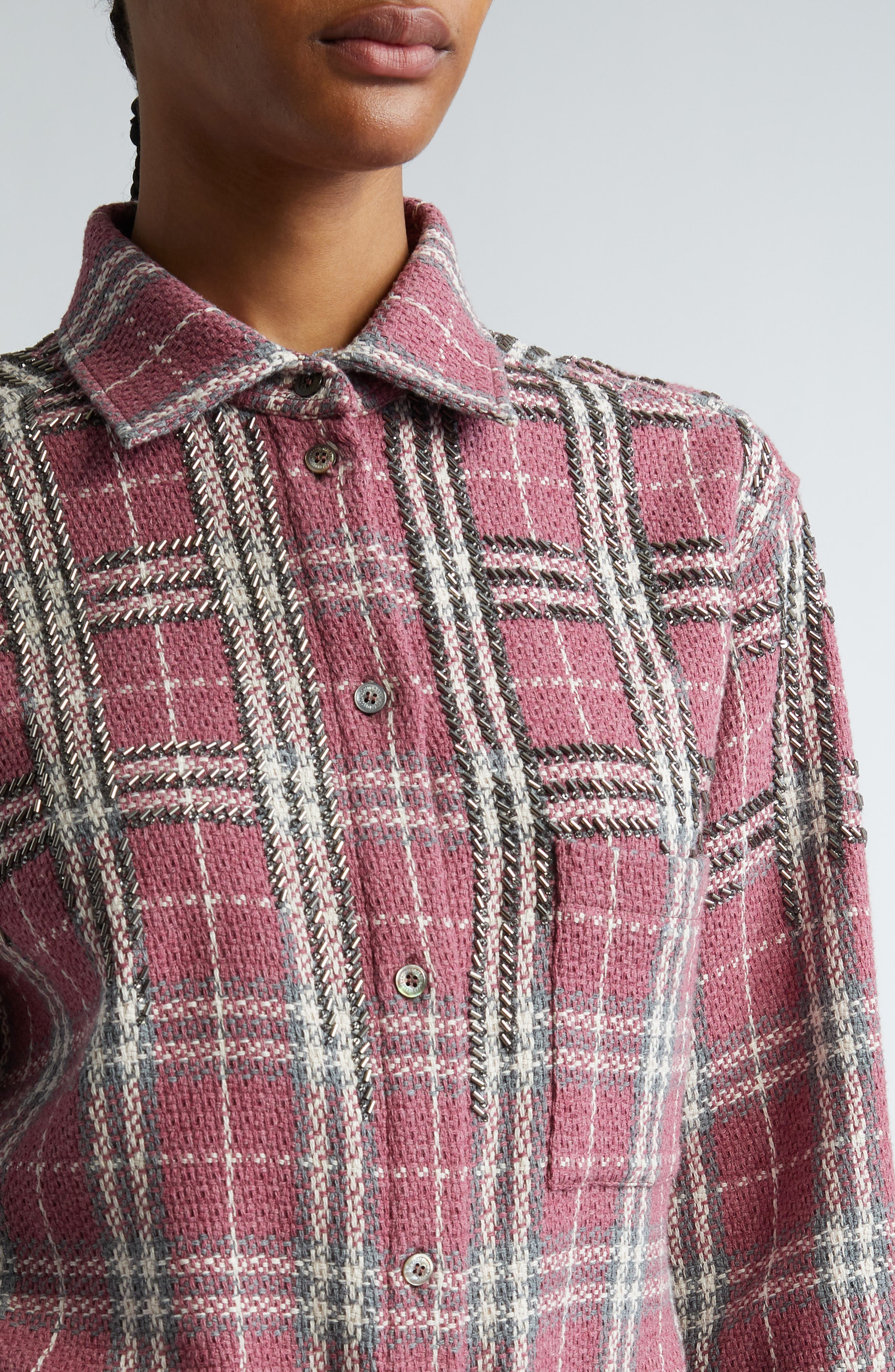 Golden Goose Journey Beaded Plaid Cotton Overshirt in Crushed Berry/Sandshell/Grey at Nordstrom - 5