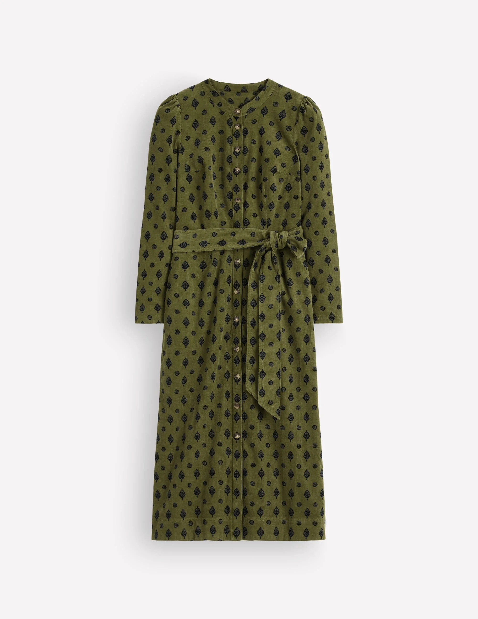 Louise Cord Midi Shirt Dress-Olive, Ornate Gardenia Stamp - 1