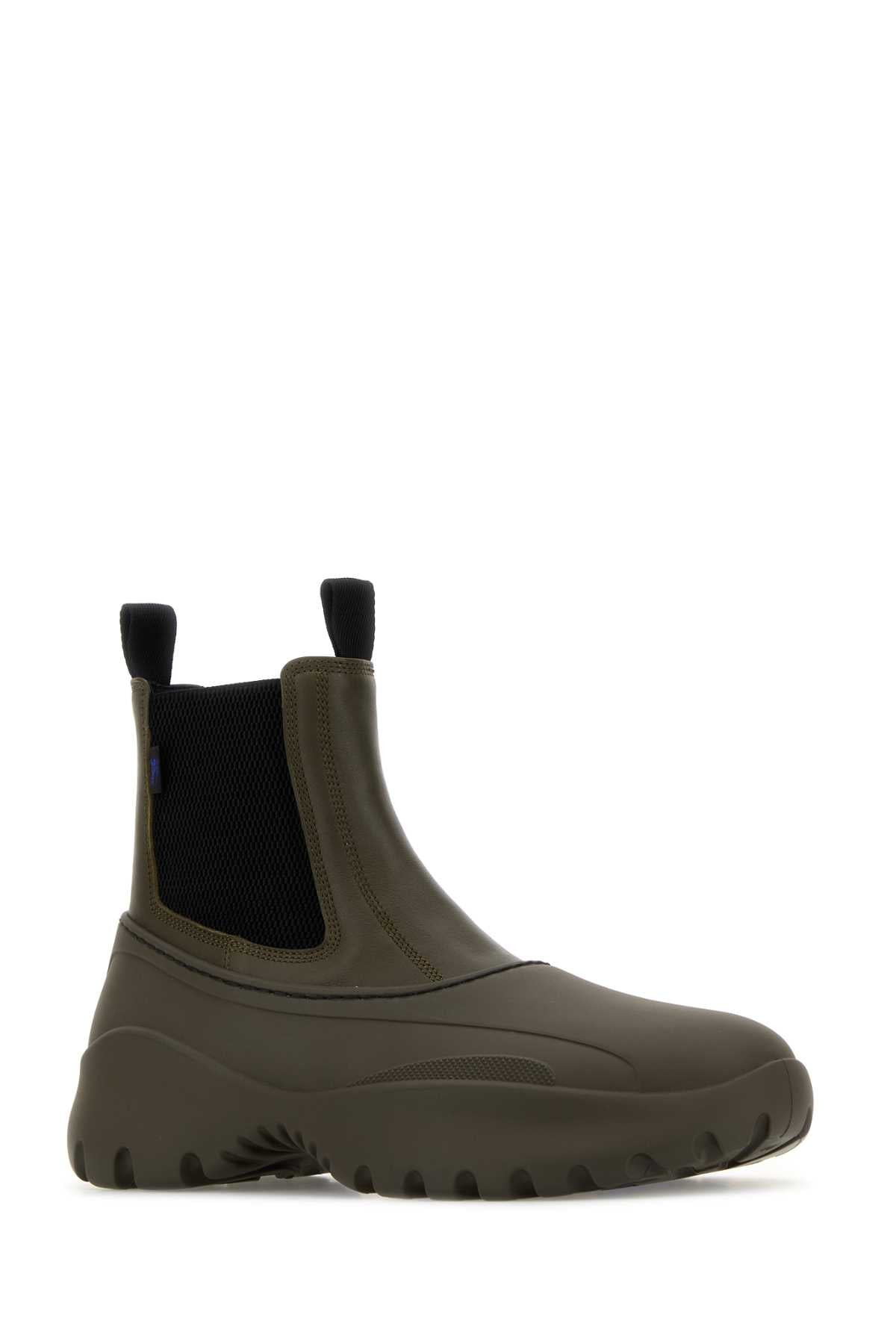 Burberry Men Olive Green Leather And Rubber Chelsea Scoot Ankle Boots - 2