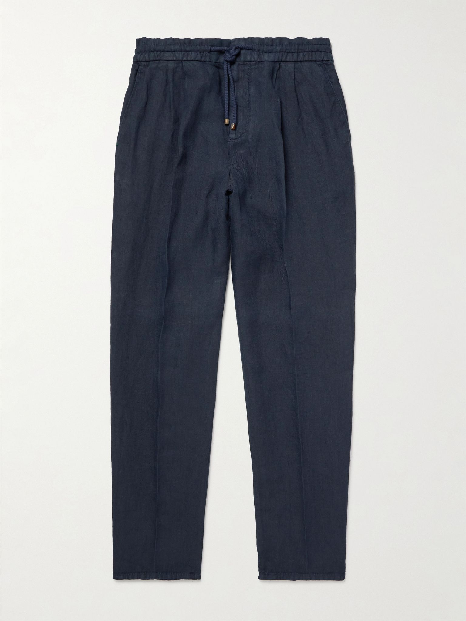 Straight-Leg Pleated Linen-Twill Drawstring Trousers Blue - 1