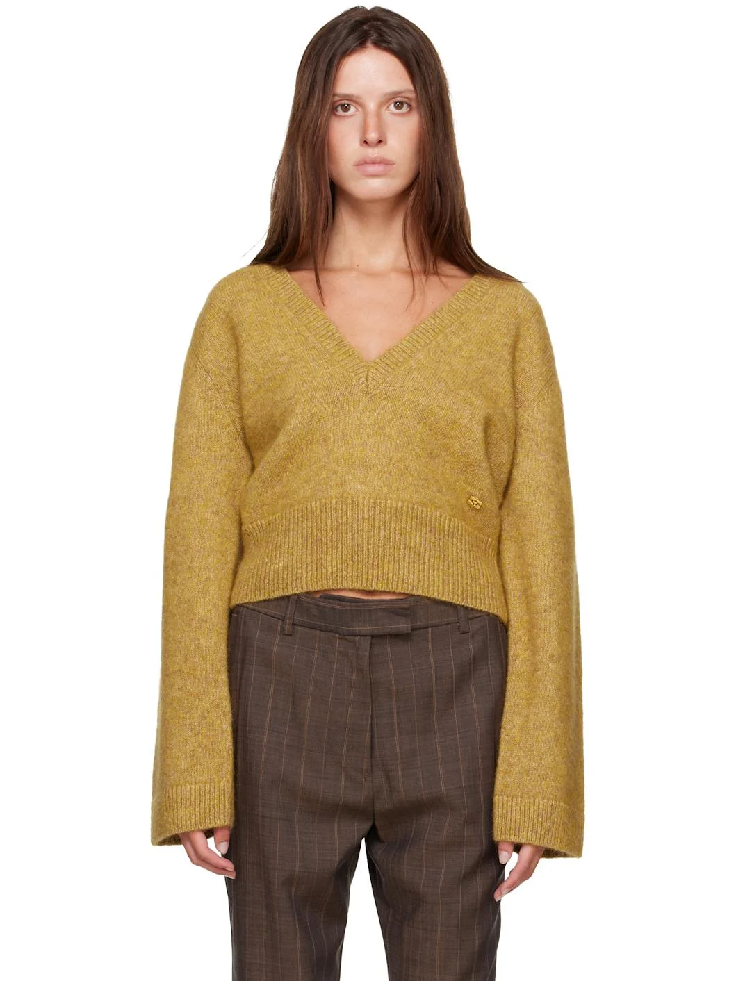 Yellow Melange Mohair Deep V-Neck Sweater - 1