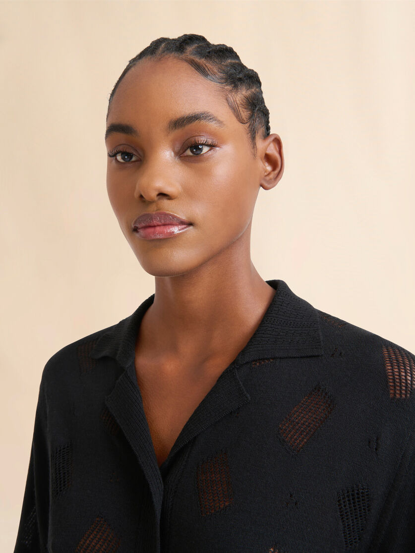 BLACK WOOL-SILK KNIT OPENWORK SHIRT - 4