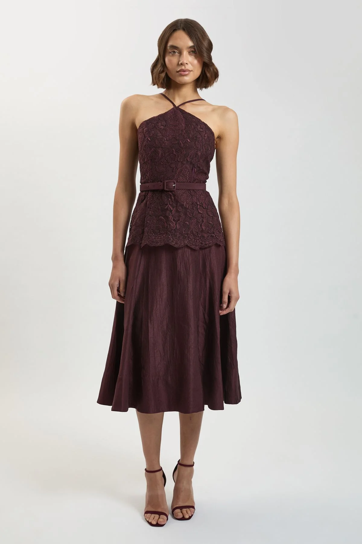 Textured Sateen Lace Halter Neck Belted Midi Dress - 1
