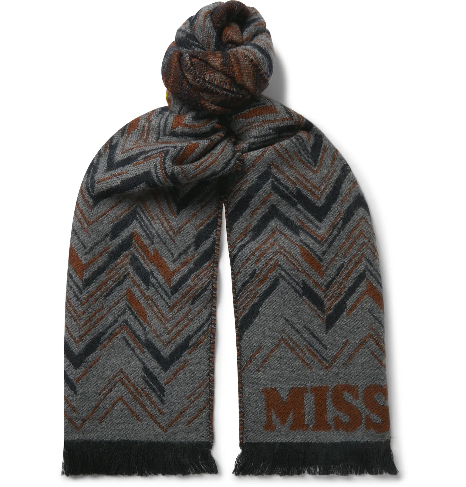 Logo-Intarsia Fringed Wool Scarf - 1