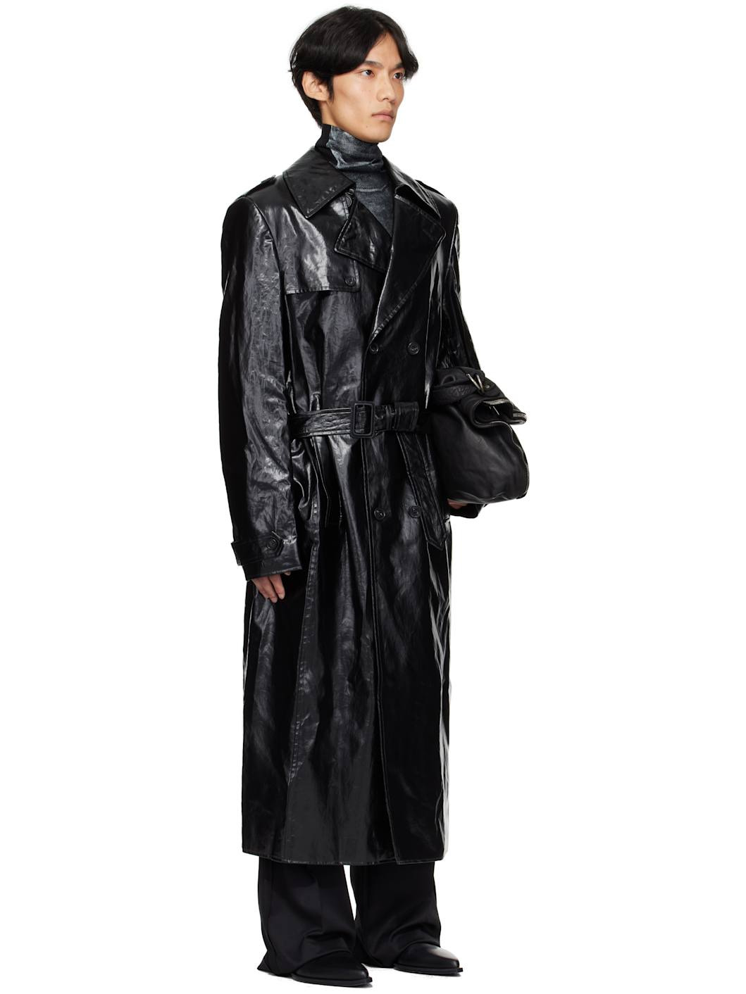 Black Shiny Coated Linen Coat - 2