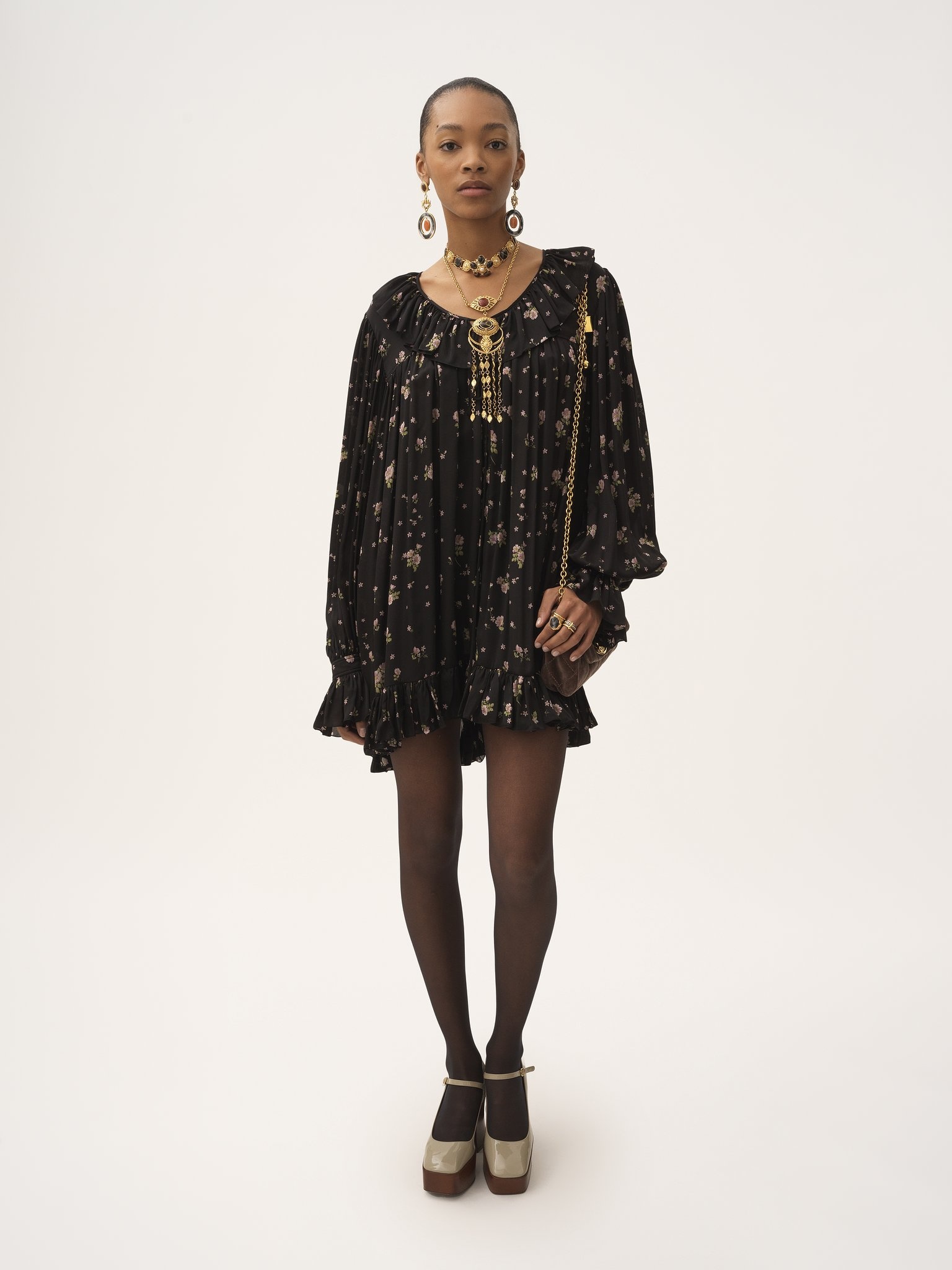 GATHERED LONG-SLEEVE MINI DRESS IN SILK CHARMEUSE - 3