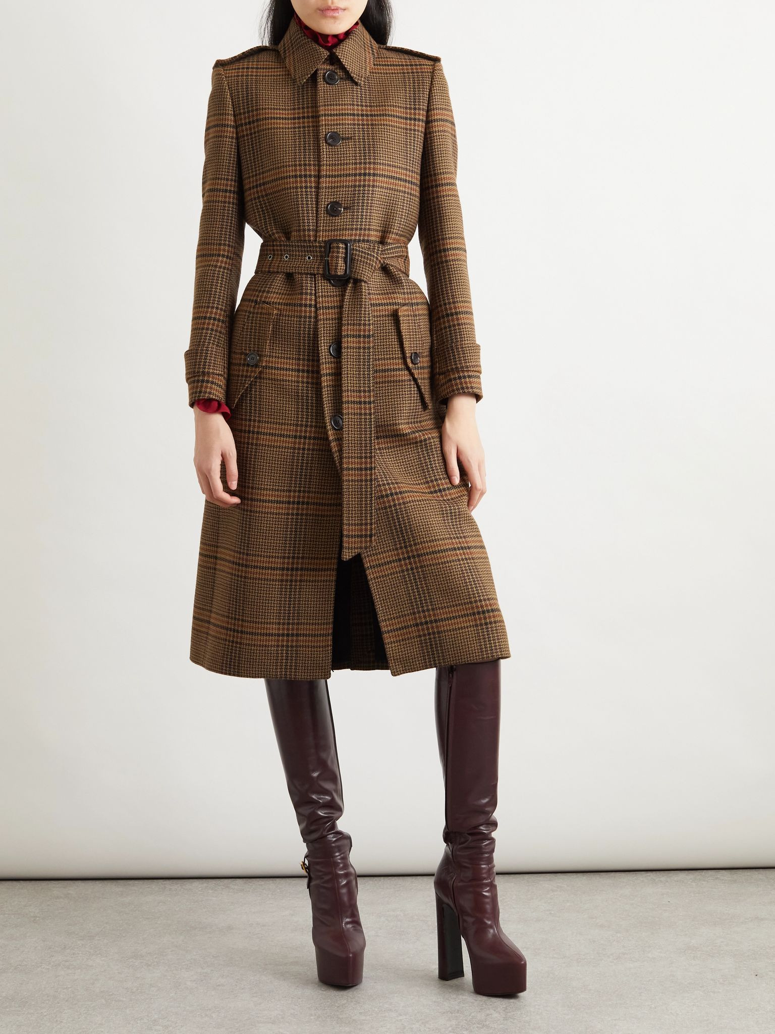 Belted checked wool trench coat Brown - 2