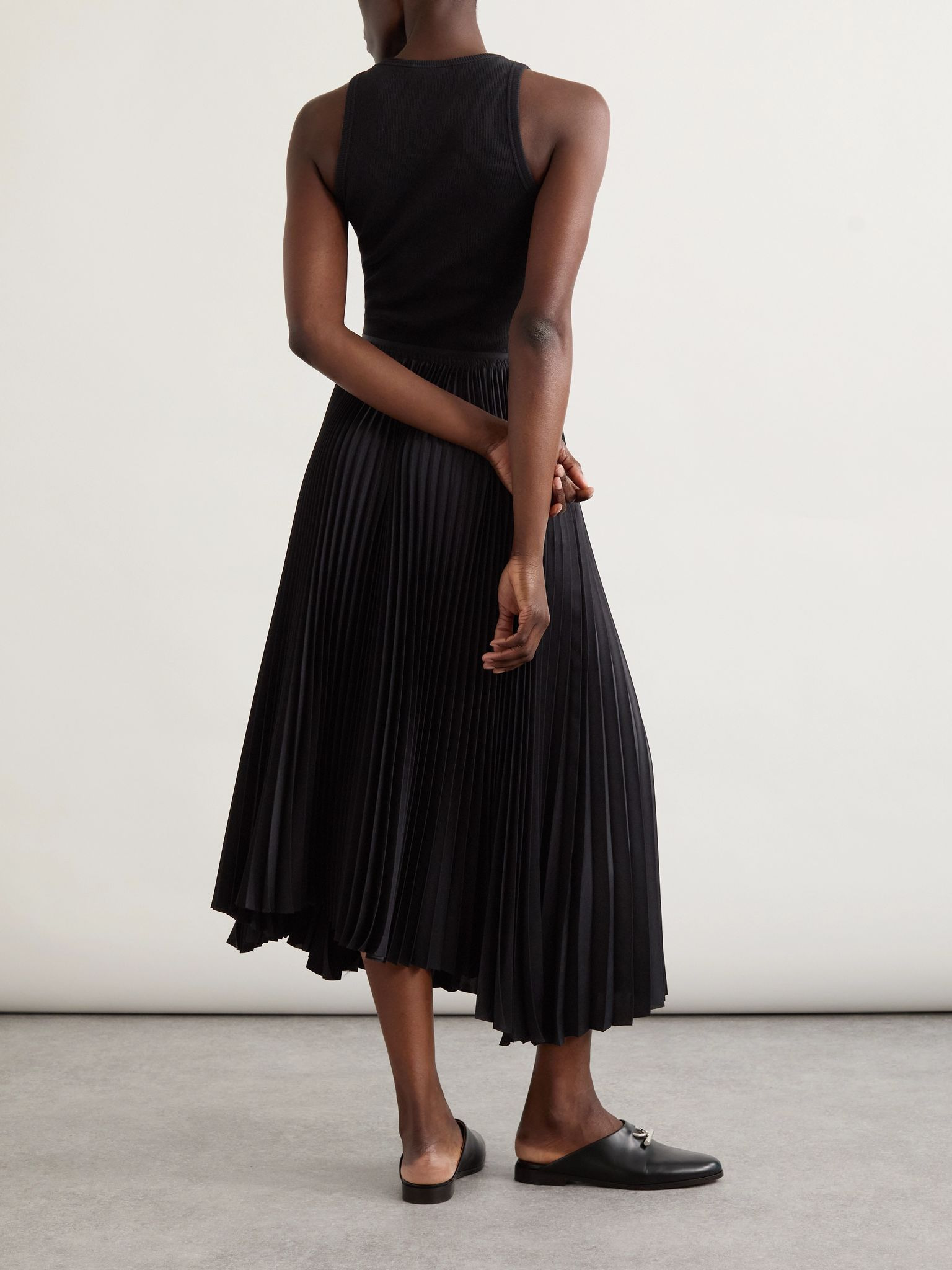 Pleated satin and stretch-cotton jersey midi dress Black - 3