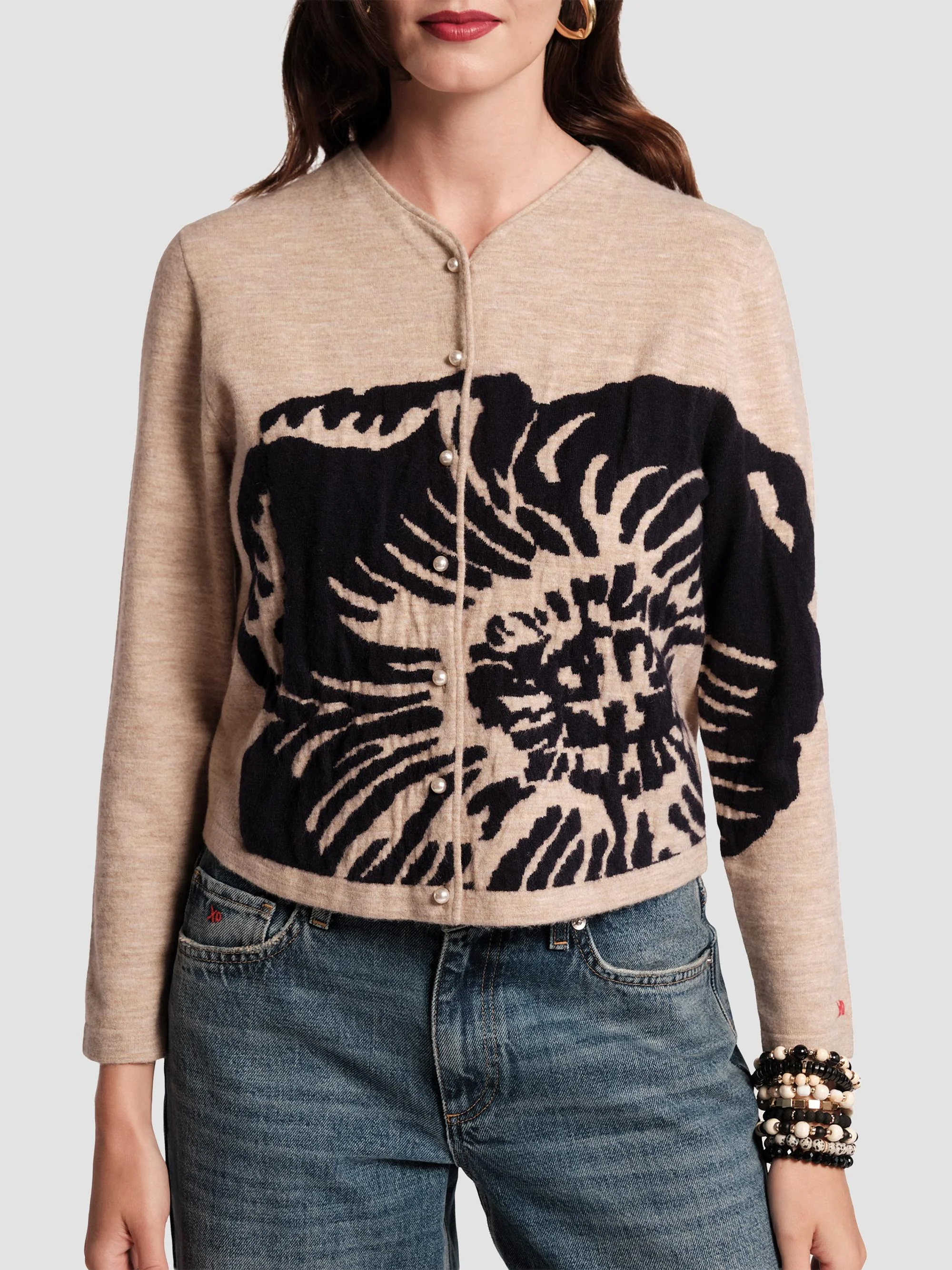 Women's Darling Floral Merino Wool Cardigan - Camel Navy - 1