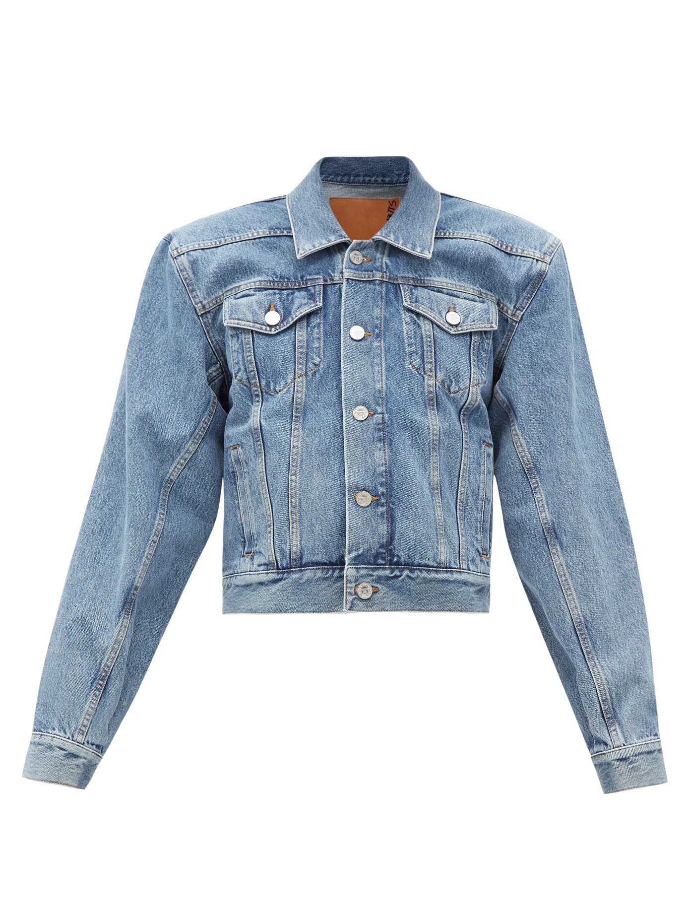 Padded-shoulder logo-collar denim jacket - 1