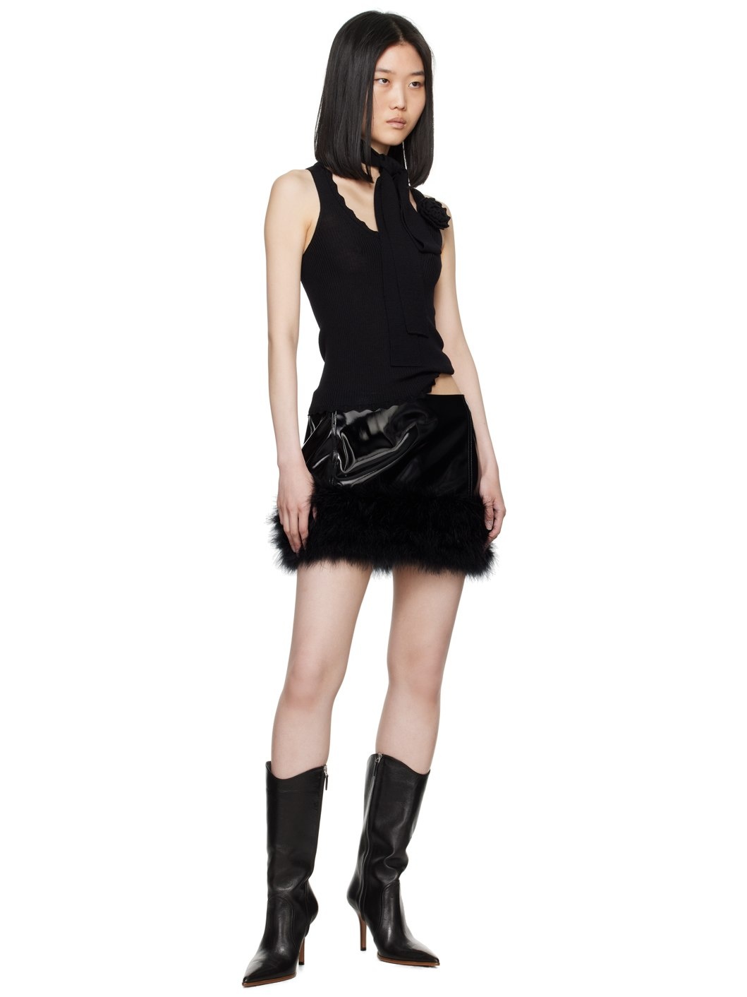 Black Marabou Feather Faux-Leather Miniskirt - 4