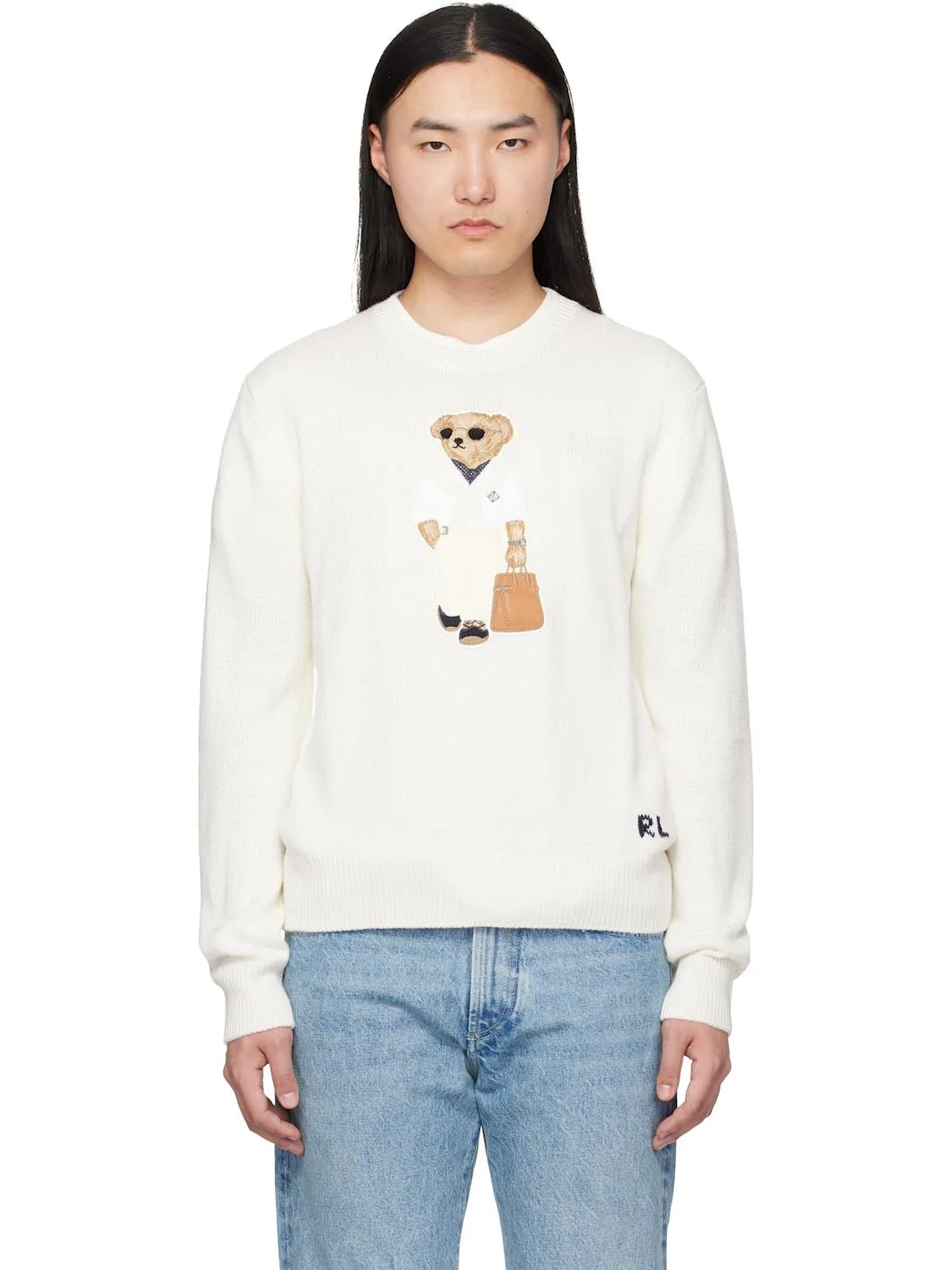 White 'Polo Bear' Silk-Linen Sweater - 1
